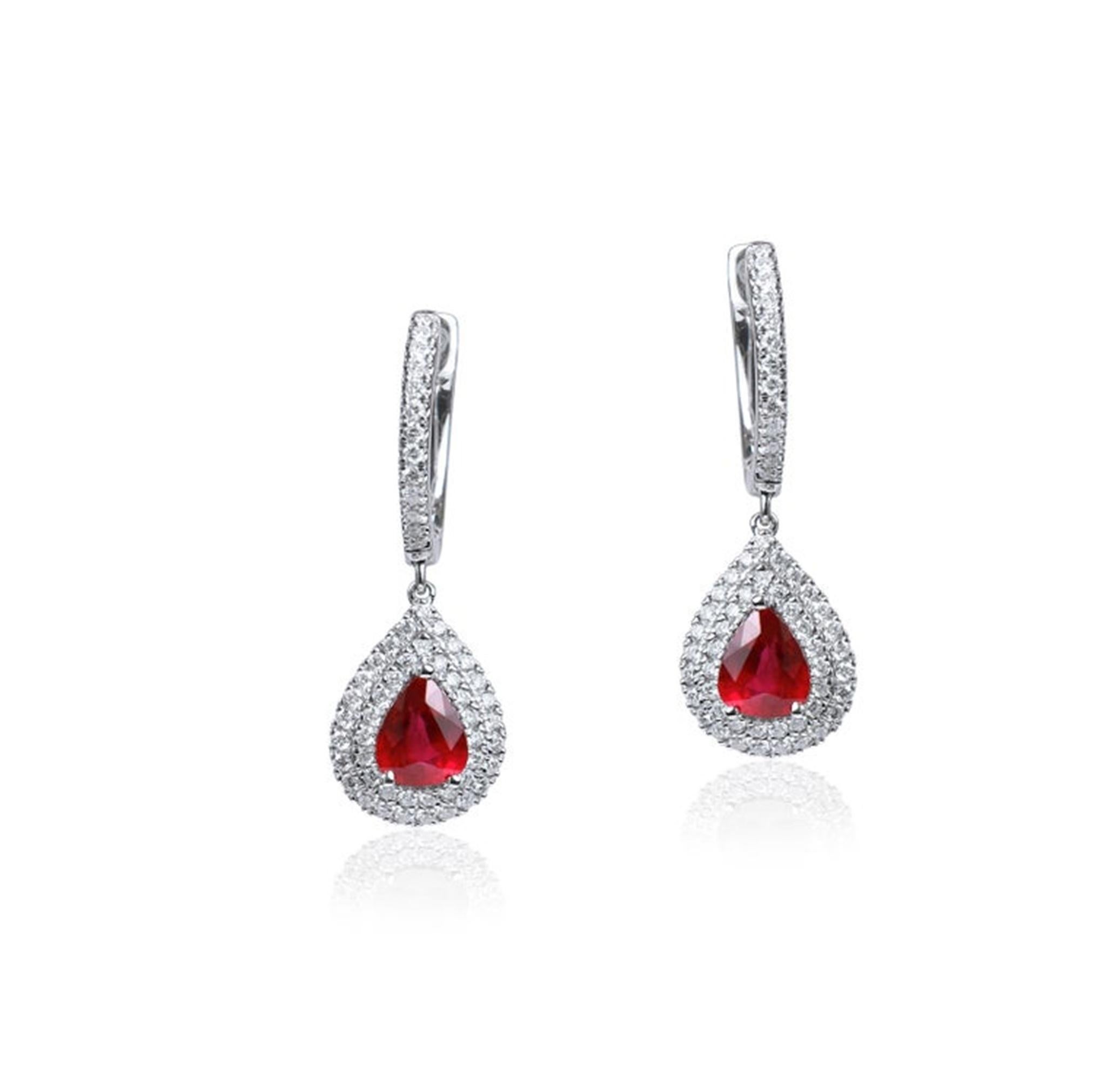 1.4ct Pear-Cut Ruby & Diamond Double Halo Drop Dangle Earrings in 18K White Gold In New Condition For Sale In Jaipur, RJ