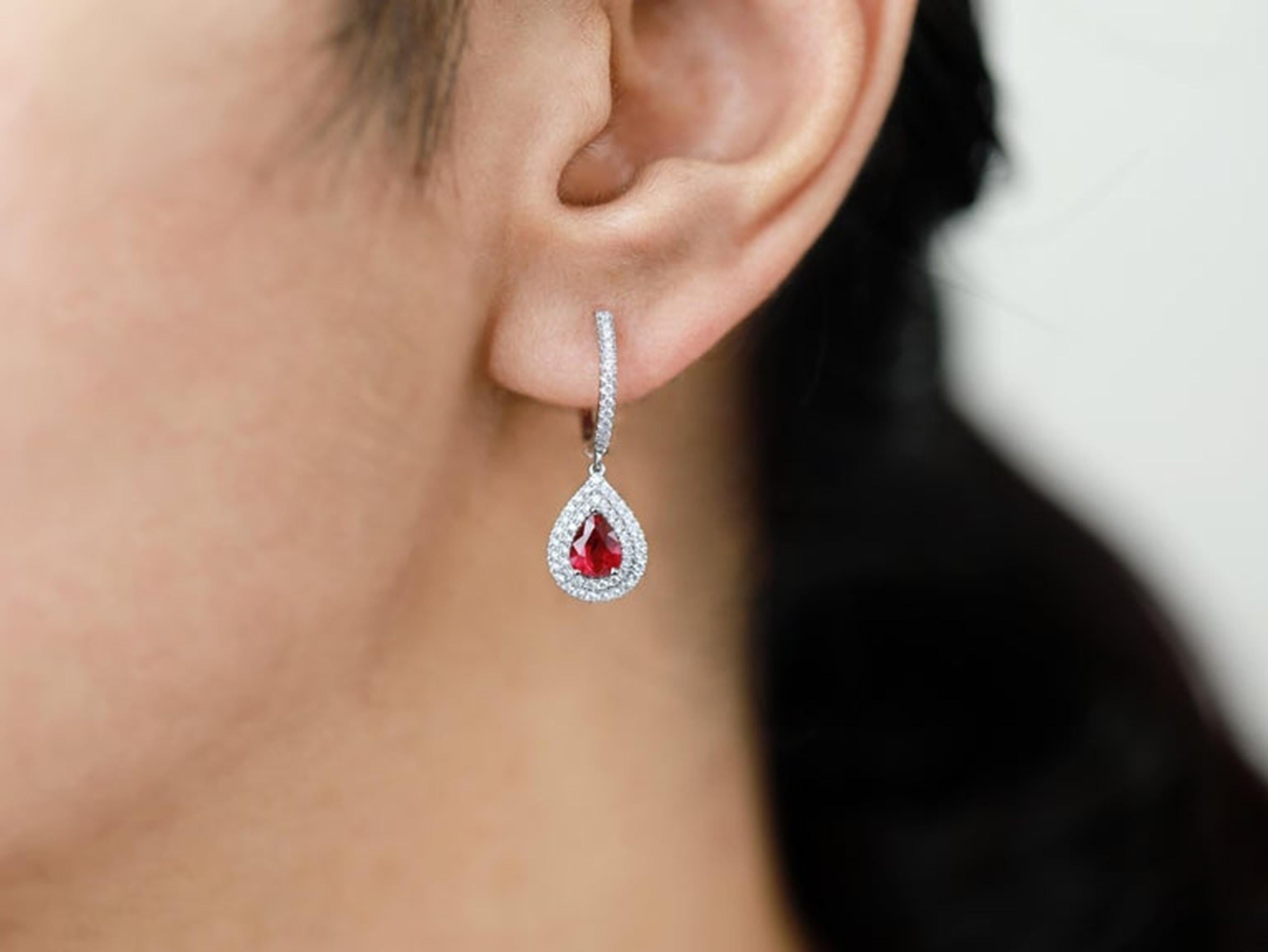 Women's 1.4ct Pear-Cut Ruby & Diamond Double Halo Drop Dangle Earrings in 18K White Gold For Sale