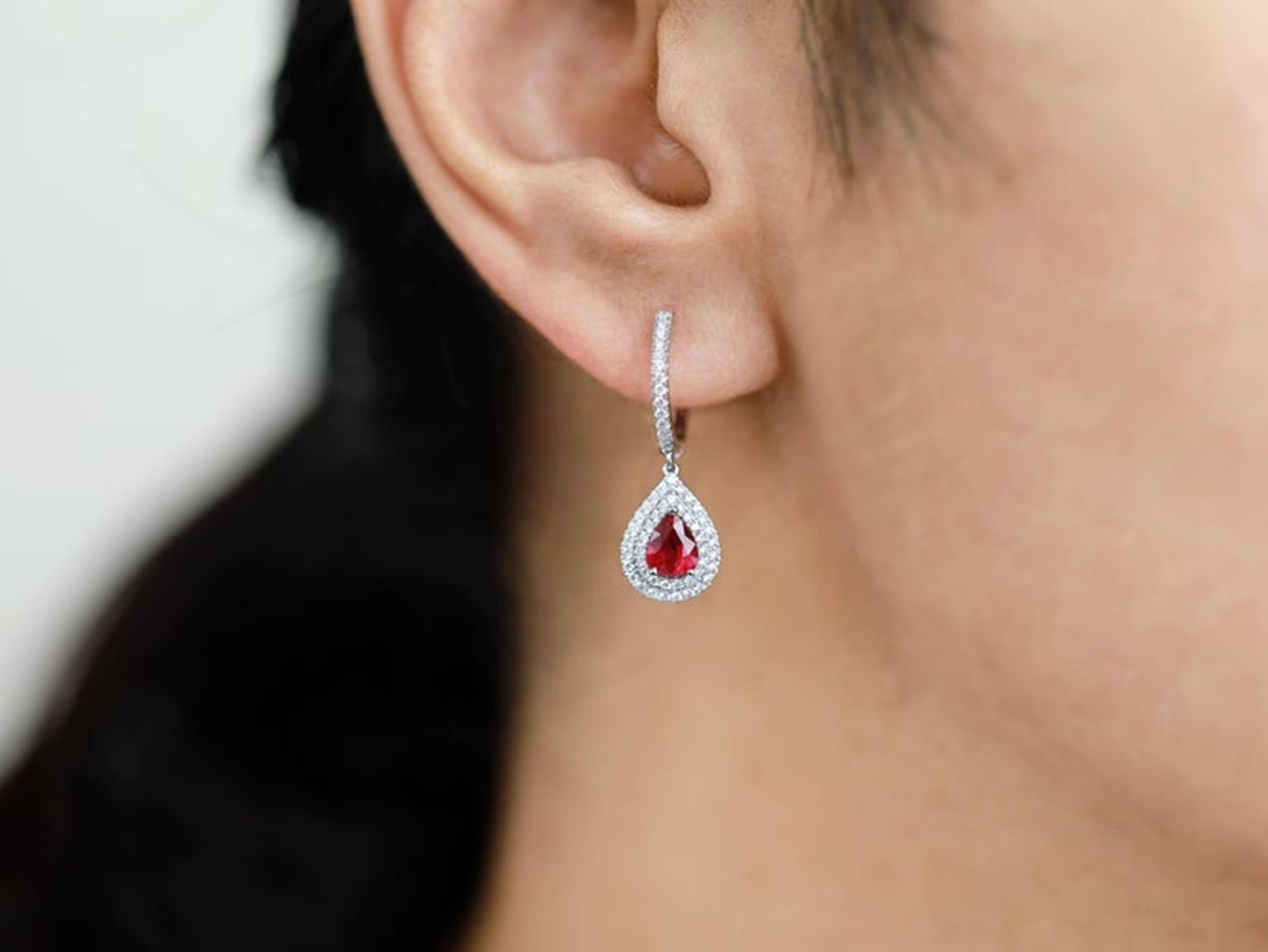 1.4ct Pear-Cut Ruby & Diamond Double Halo Drop Dangle Earrings in 18K White Gold For Sale 1