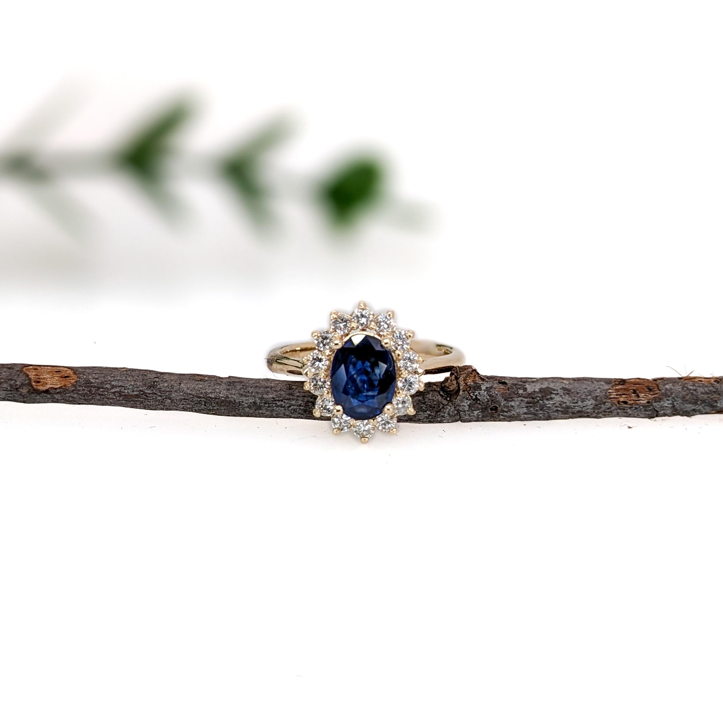 Art Deco 1.4ct Princess Diana Sapphire Ring w Natural Diamond Halo in 14K Yellow Gold For Sale