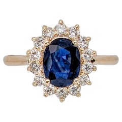 Anillo de zafiro Princesa Diana de 1,4 ct con halo de diamantes naturales en oro amarillo de 14 quilates