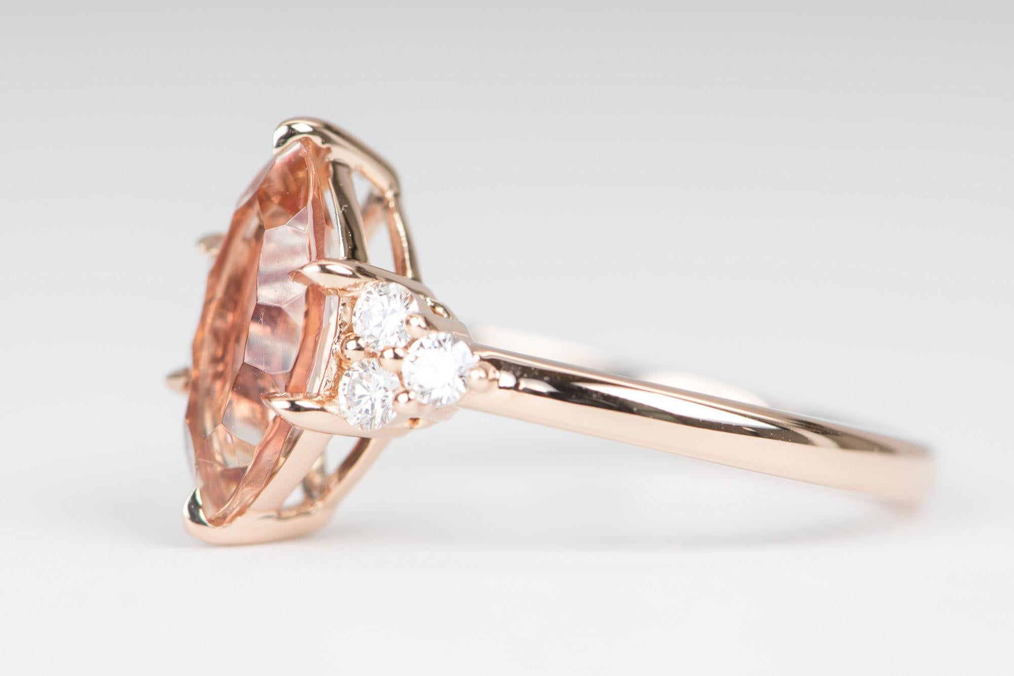 Modern 1.4ct Red Orange Oregon Sunstone Diamond Trio 14K Rose Gold Engagement Ring