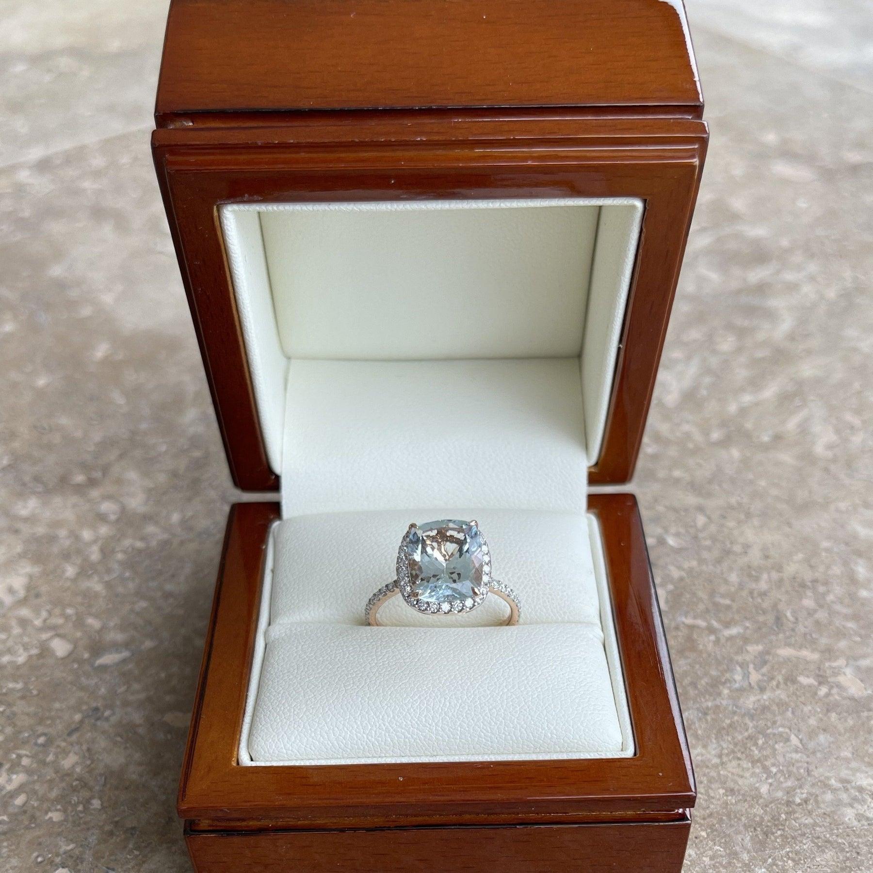 For Sale:  14ct Rose Gold Aquamarine and Diamond Ring 7