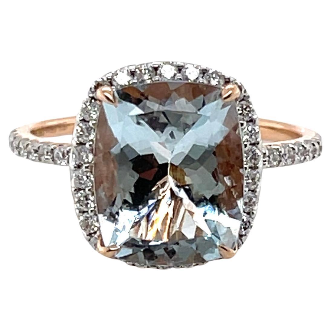 For Sale:  14ct Rose Gold Aquamarine and Diamond Ring