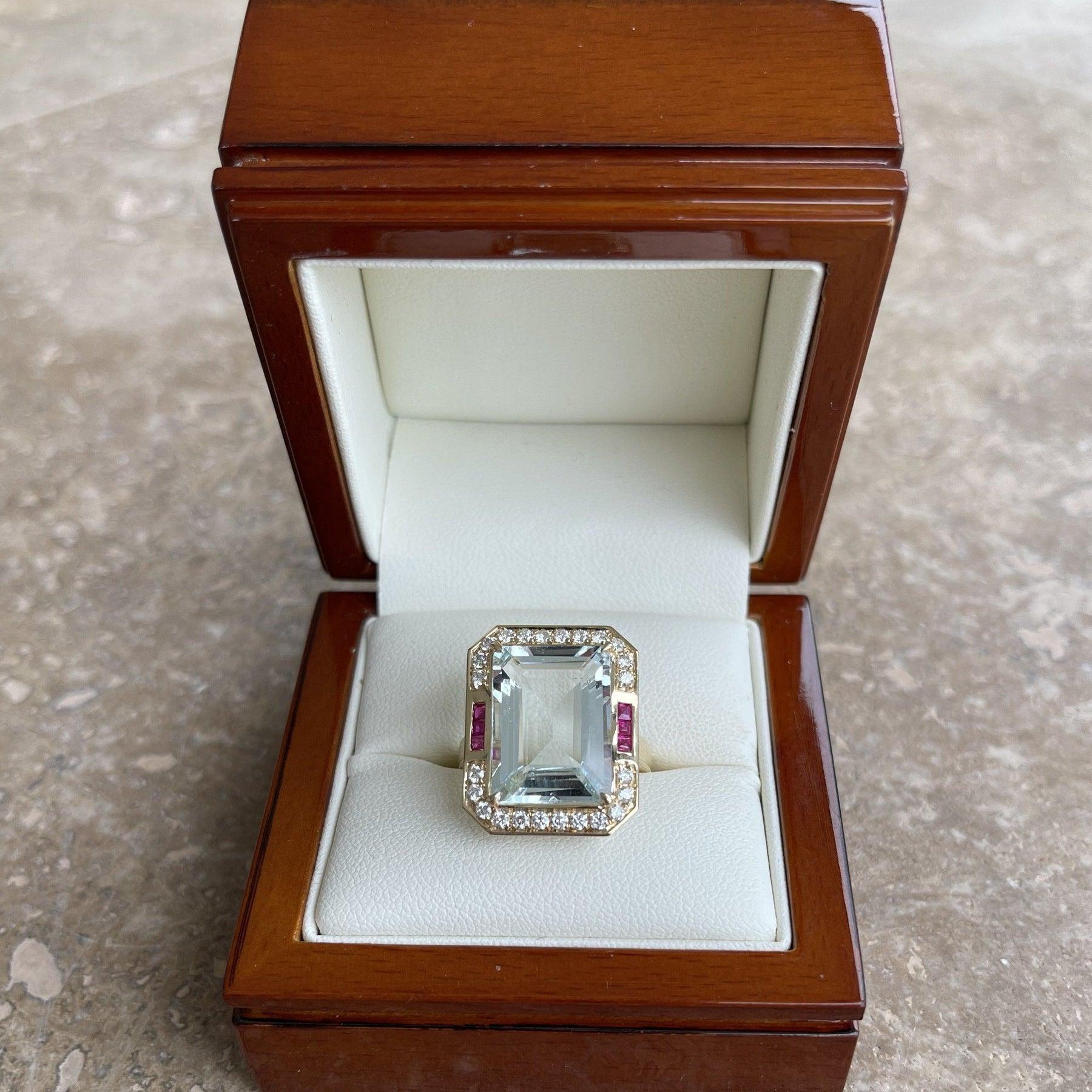 For Sale:  14ct Rose Gold Aquamarine Ruby and Diamond Ring 6