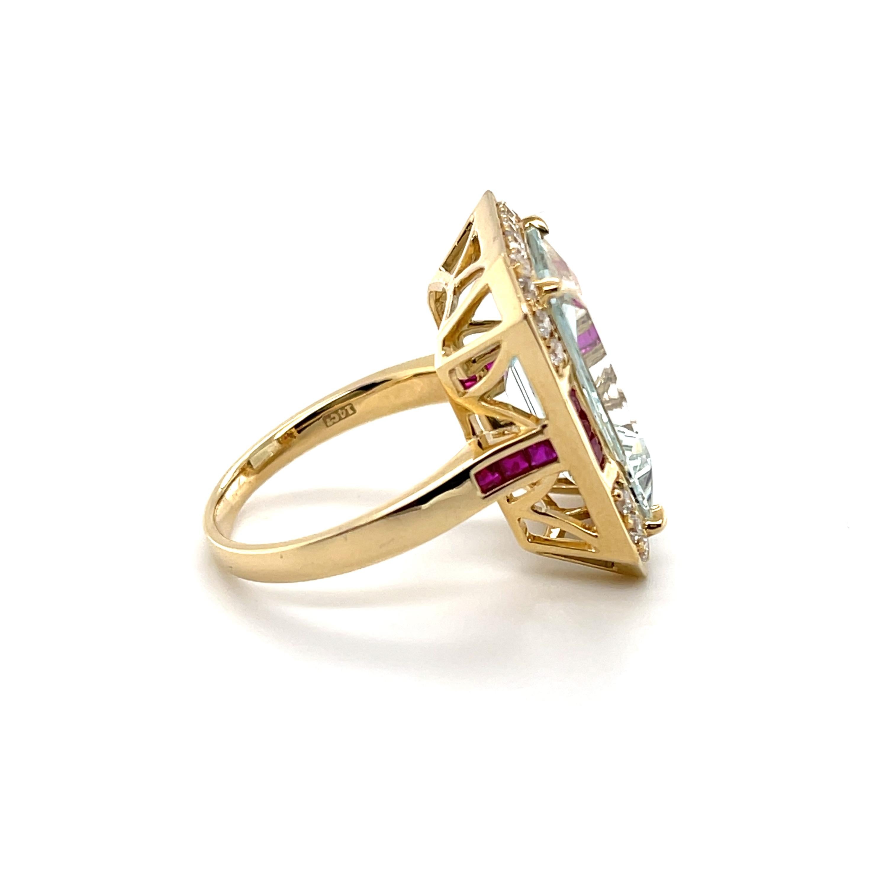 For Sale:  14ct Rose Gold Aquamarine Ruby and Diamond Ring 2