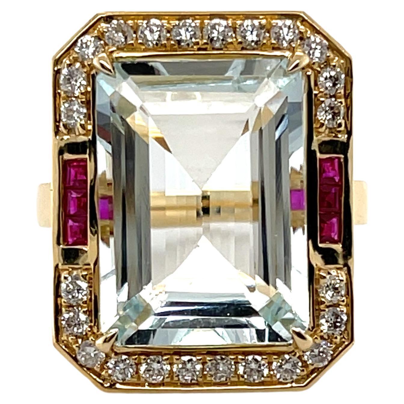 For Sale:  14ct Rose Gold Aquamarine Ruby and Diamond Ring