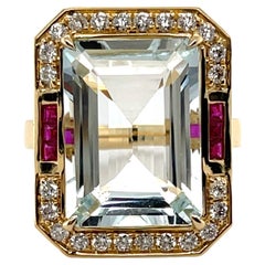14ct Rose Gold Aquamarine Ruby and Diamond Ring
