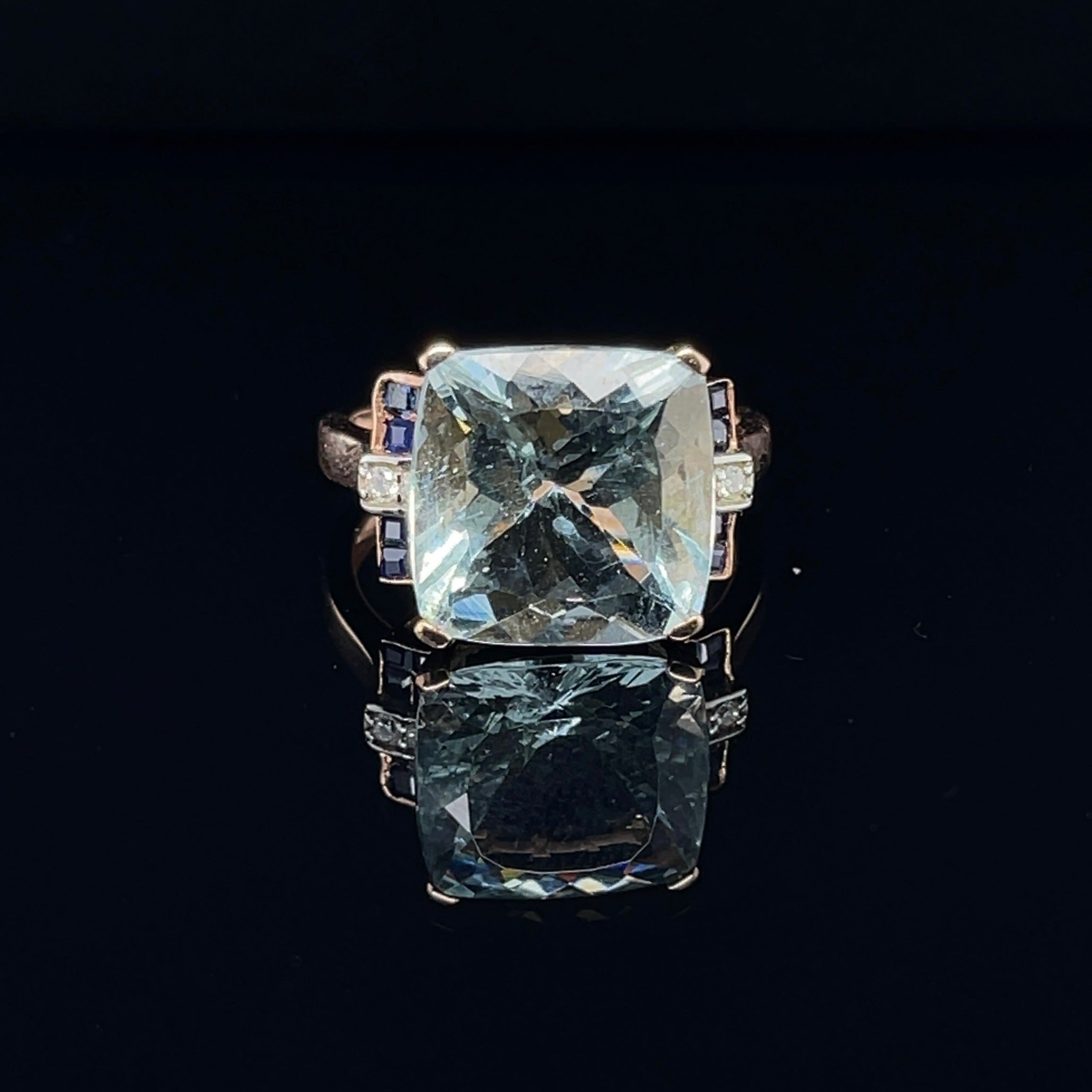 For Sale:  14ct Rose Gold Aquamarine Sapphire and Diamond Ring