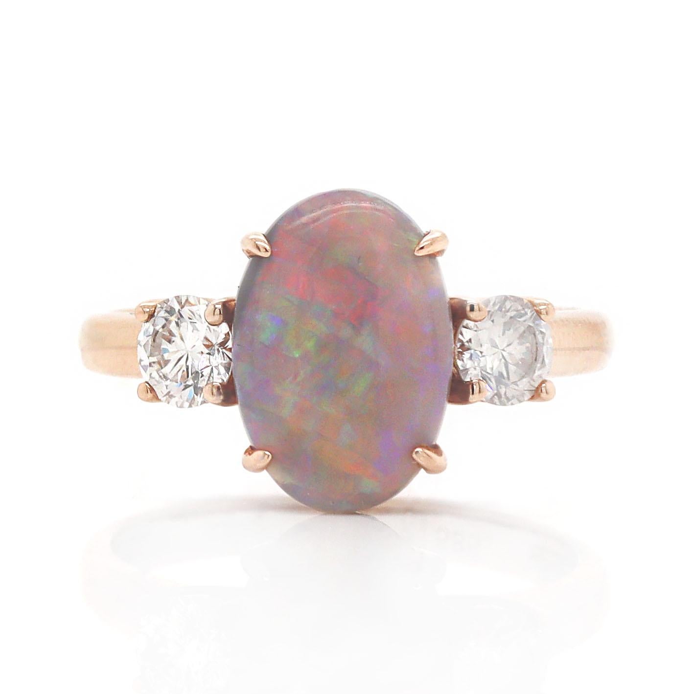Cabochon 14CT Rose Gold Australian Opal And Diamond Trilogy Ring For Sale