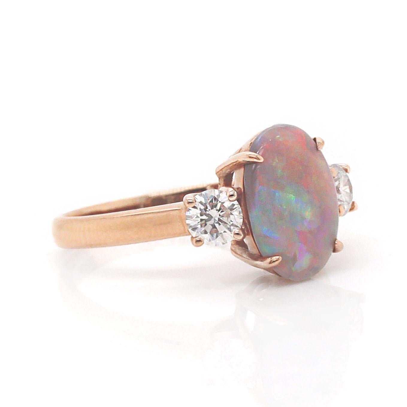 14CT Rose Gold Australian Opal And Diamond Trilogy Ring In New Condition For Sale In Sydney, NSW