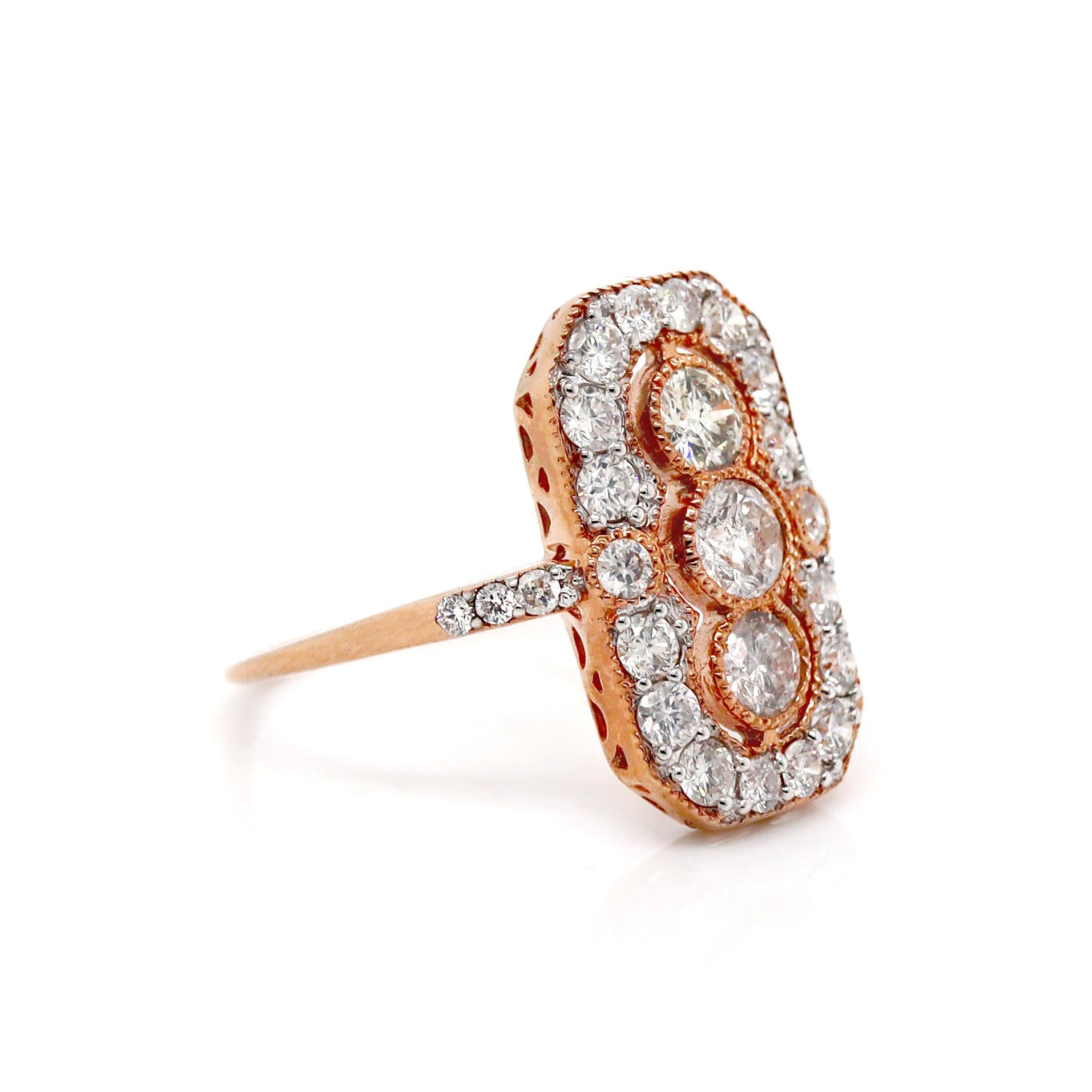 14CT Rose Gold Diamond Antique Style Trilogy Dress Ring

This trilogy dress ring features three round Old European cut diamonds, set in a sleek, north-to-south alignment across the center of the band. Encircled by twenty-four round brilliant cut