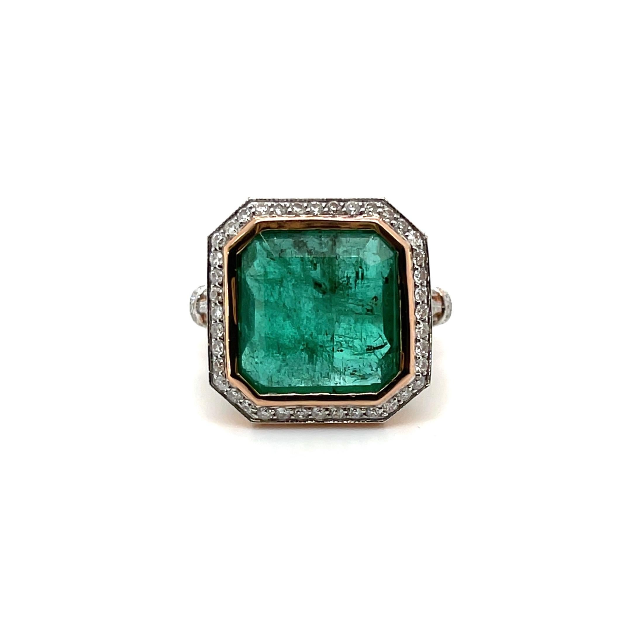 Gorgeously Designed ring , featuring A gorgeous Emerald and a stunning selection of diamonds, gorgeously crafted in fourteen karat rose gold.

Item 1
One ladies - 14ct rose gold dress ring, narrow, low half round shank with underrail bezel,
polished