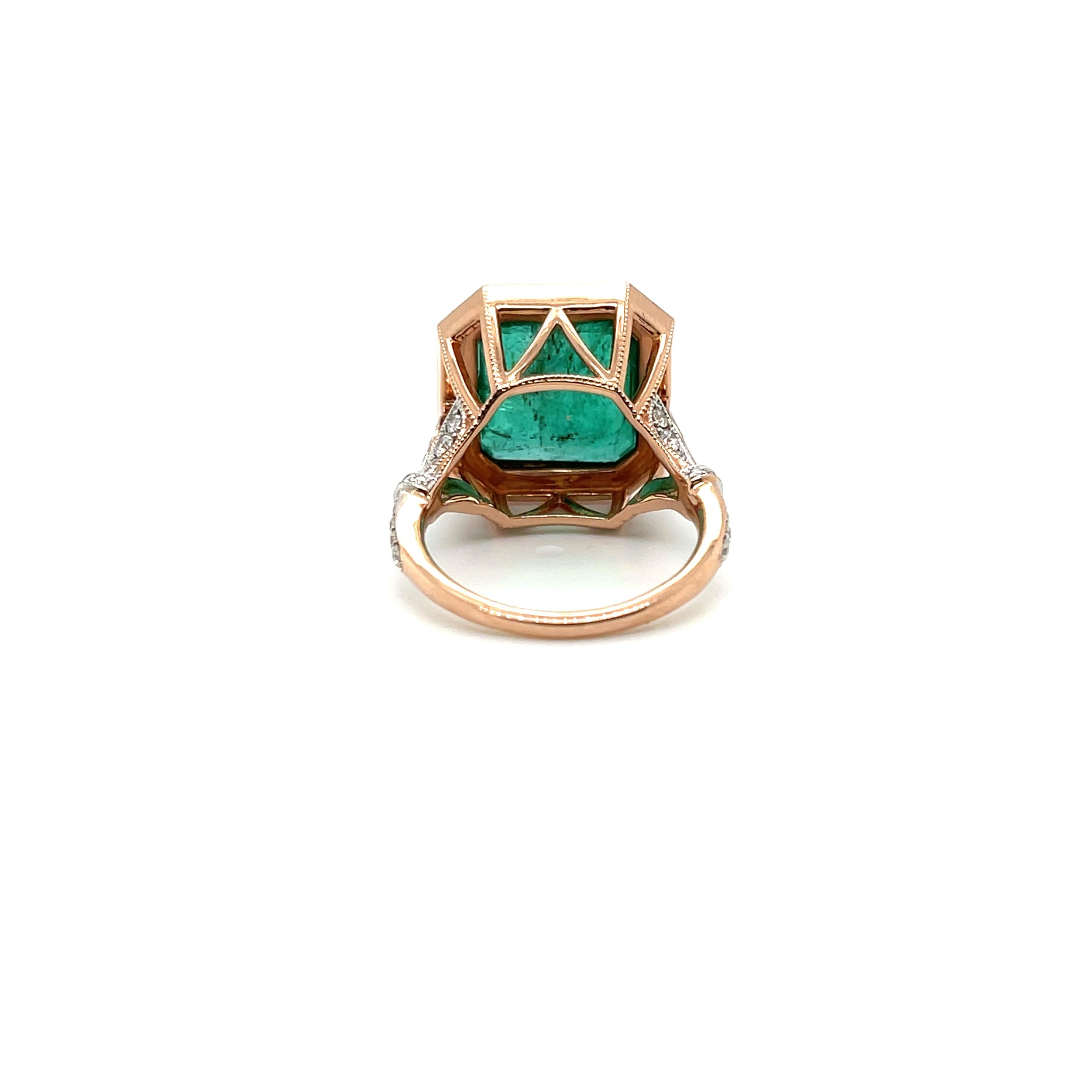 Contemporary 14ct Rose Gold Emerald and Diamond Ring For Sale