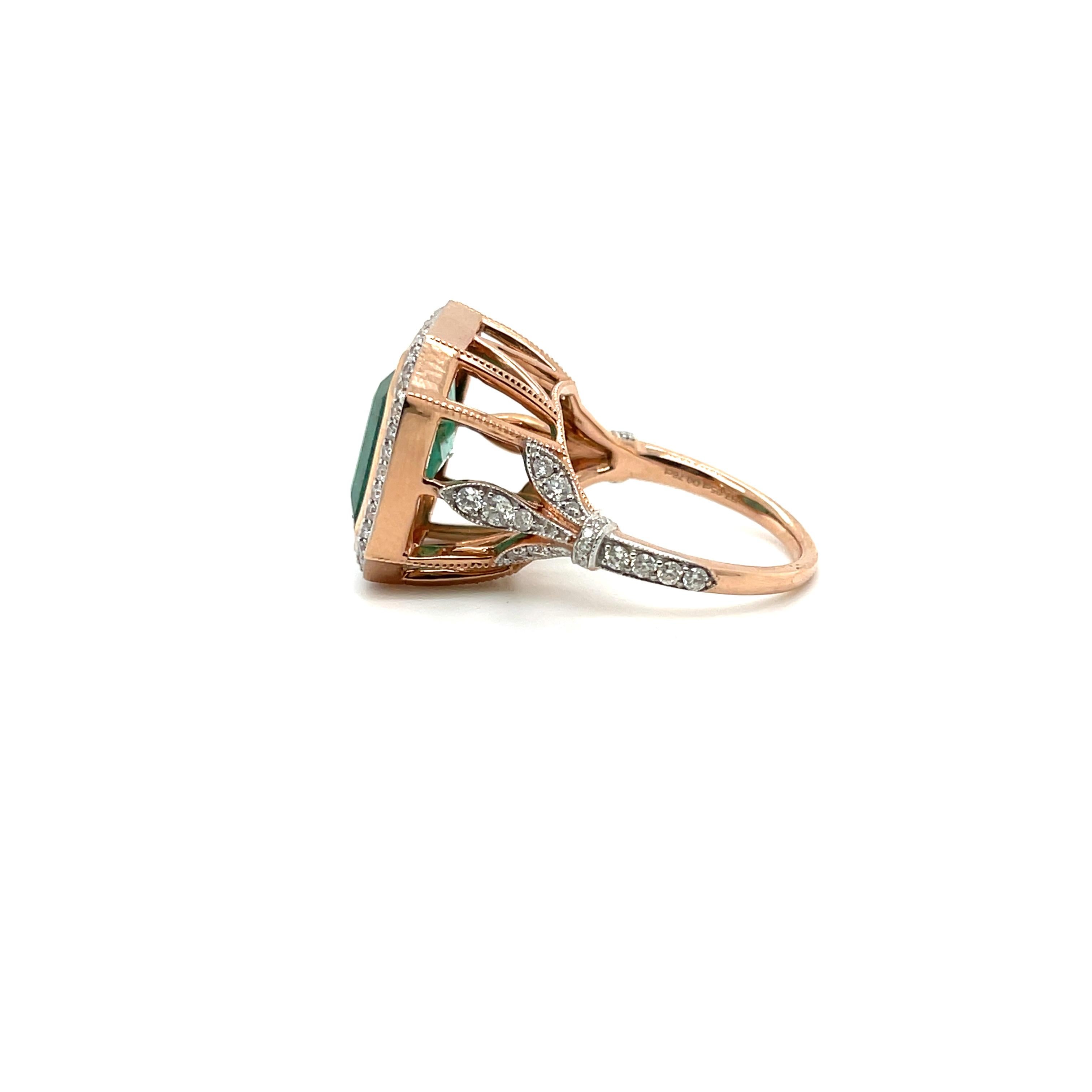 Emerald Cut 14ct Rose Gold Emerald and Diamond Ring For Sale
