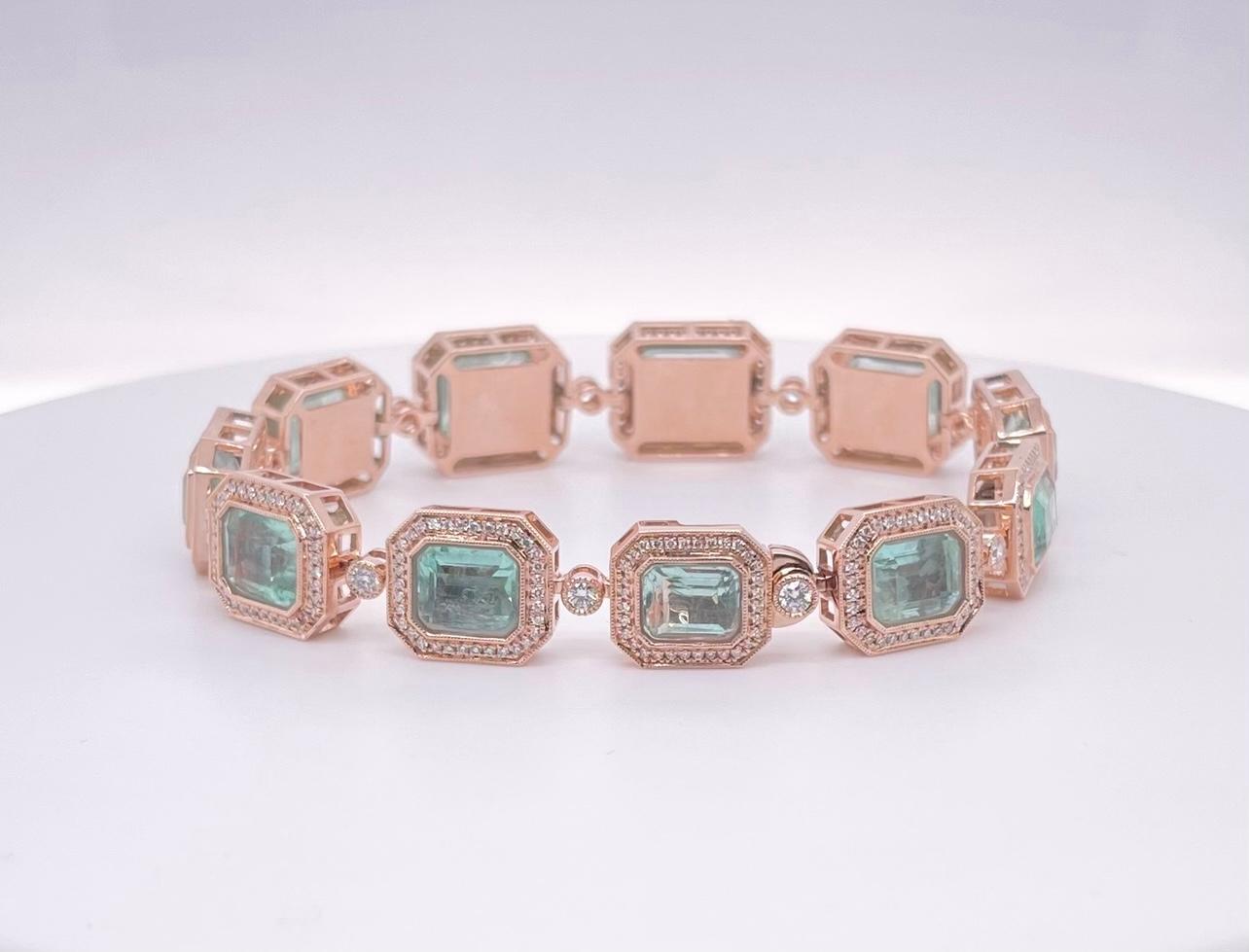 Bracelet en or rose 14 carats avec émeraudes de Colombie taille émeraude et diamants en vente 6