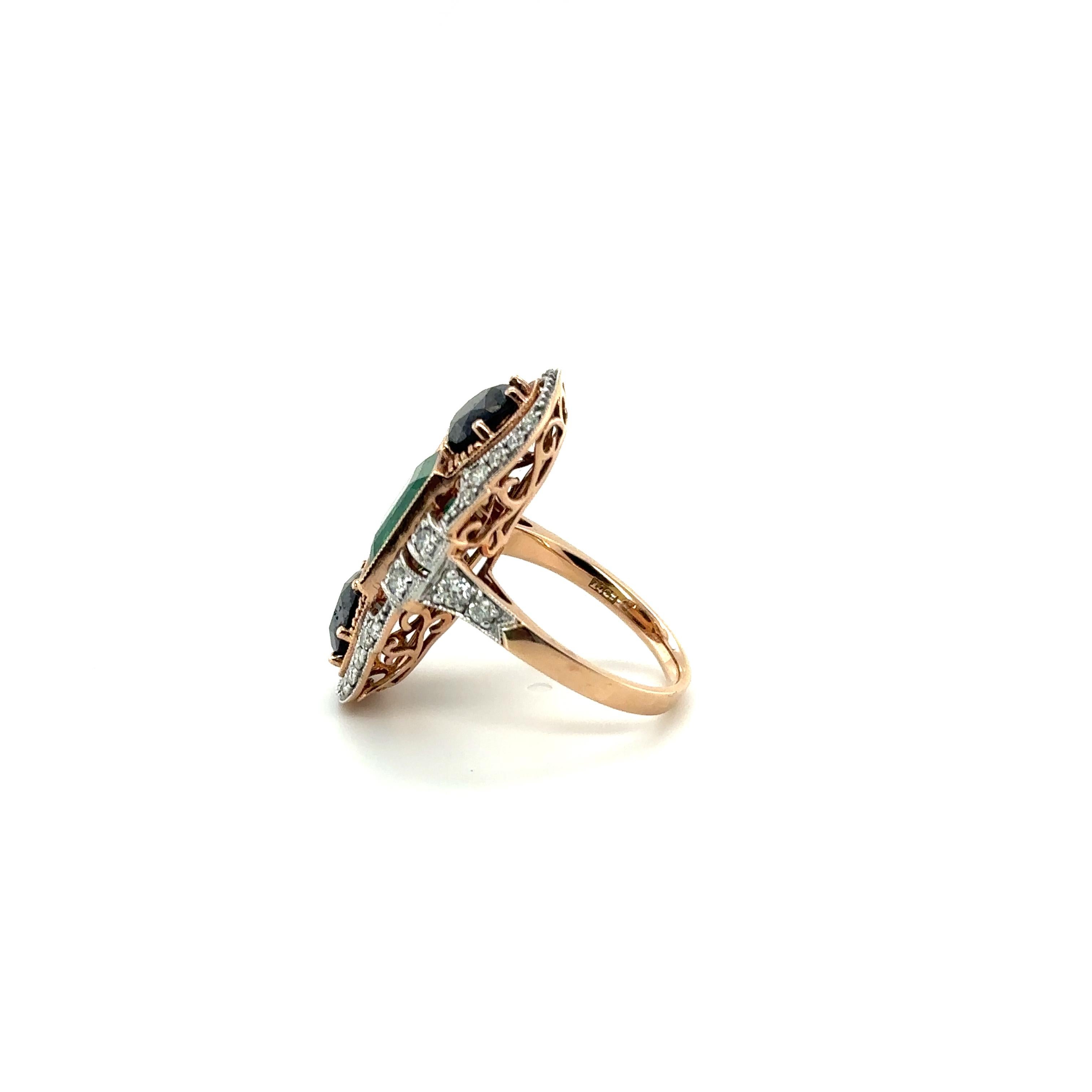 Rose Cut 14ct Rose Gold Emerald, Diamond and Black Diamond Ring For Sale