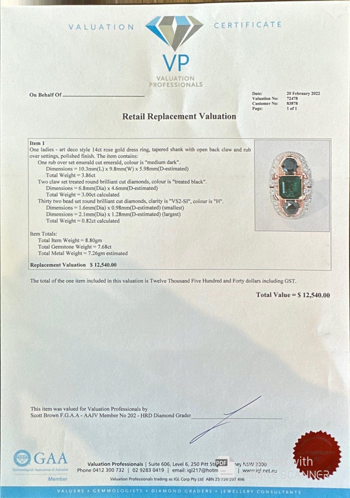 14ct Rose Gold Emerald, Diamond and Black Diamond Ring In New Condition For Sale In Sydney, NSW