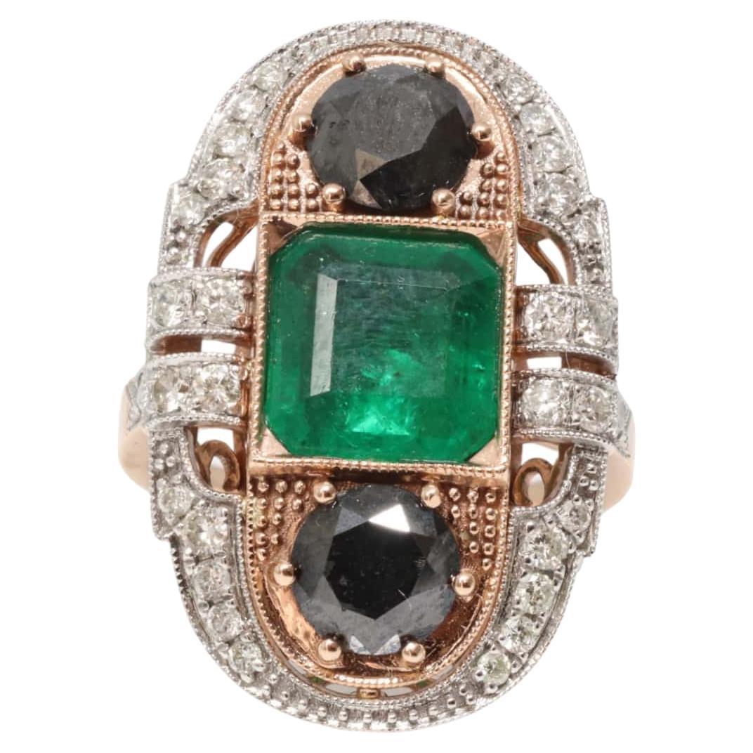 14ct Rose Gold Emerald, Diamond and Black Diamond Ring For Sale