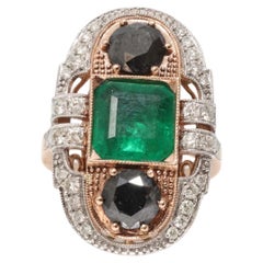 14ct Rose Gold Emerald, Diamond and Black Diamond Ring