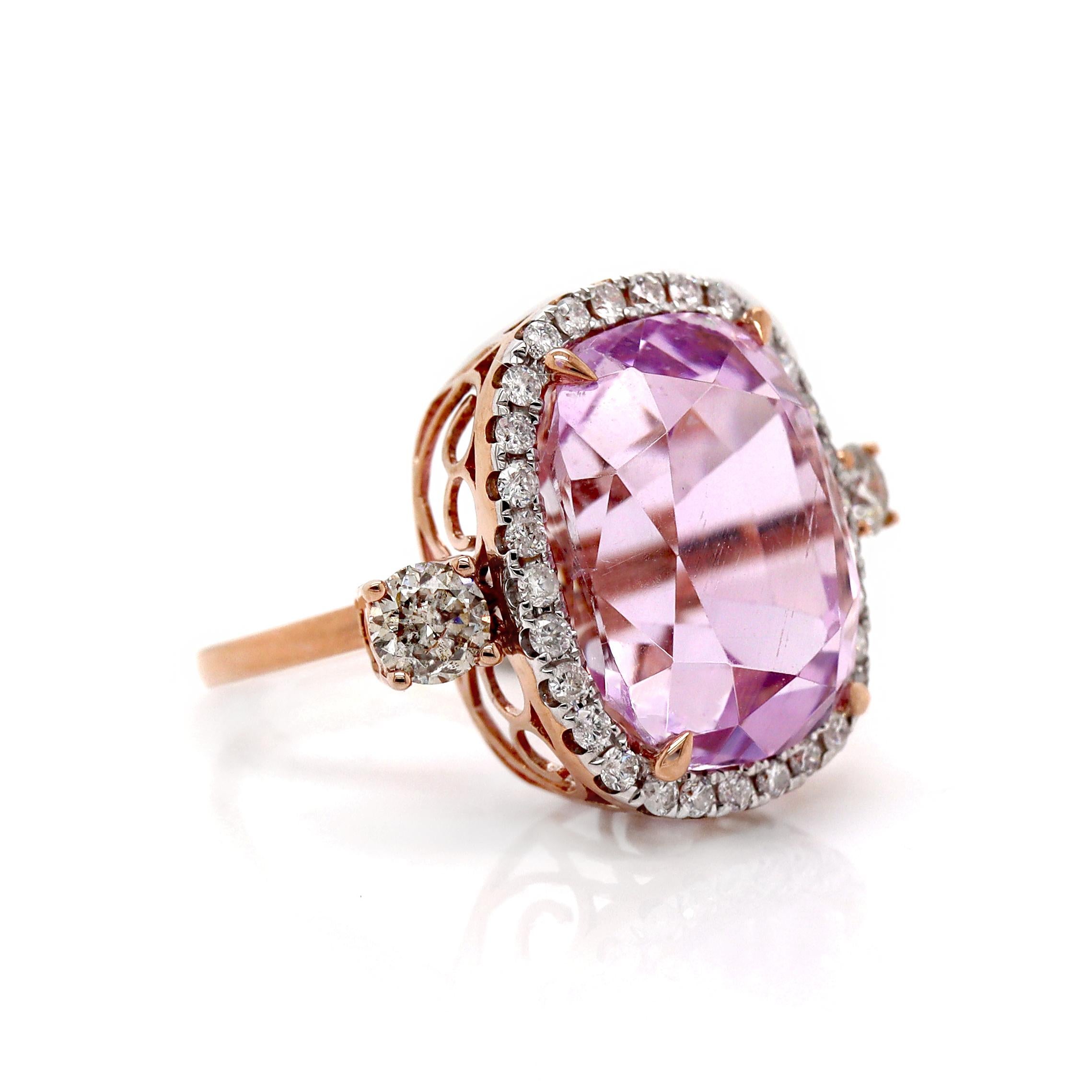Cushion Cut 14CT Rose Gold Kunzite And Diamond Cocktail Ring For Sale