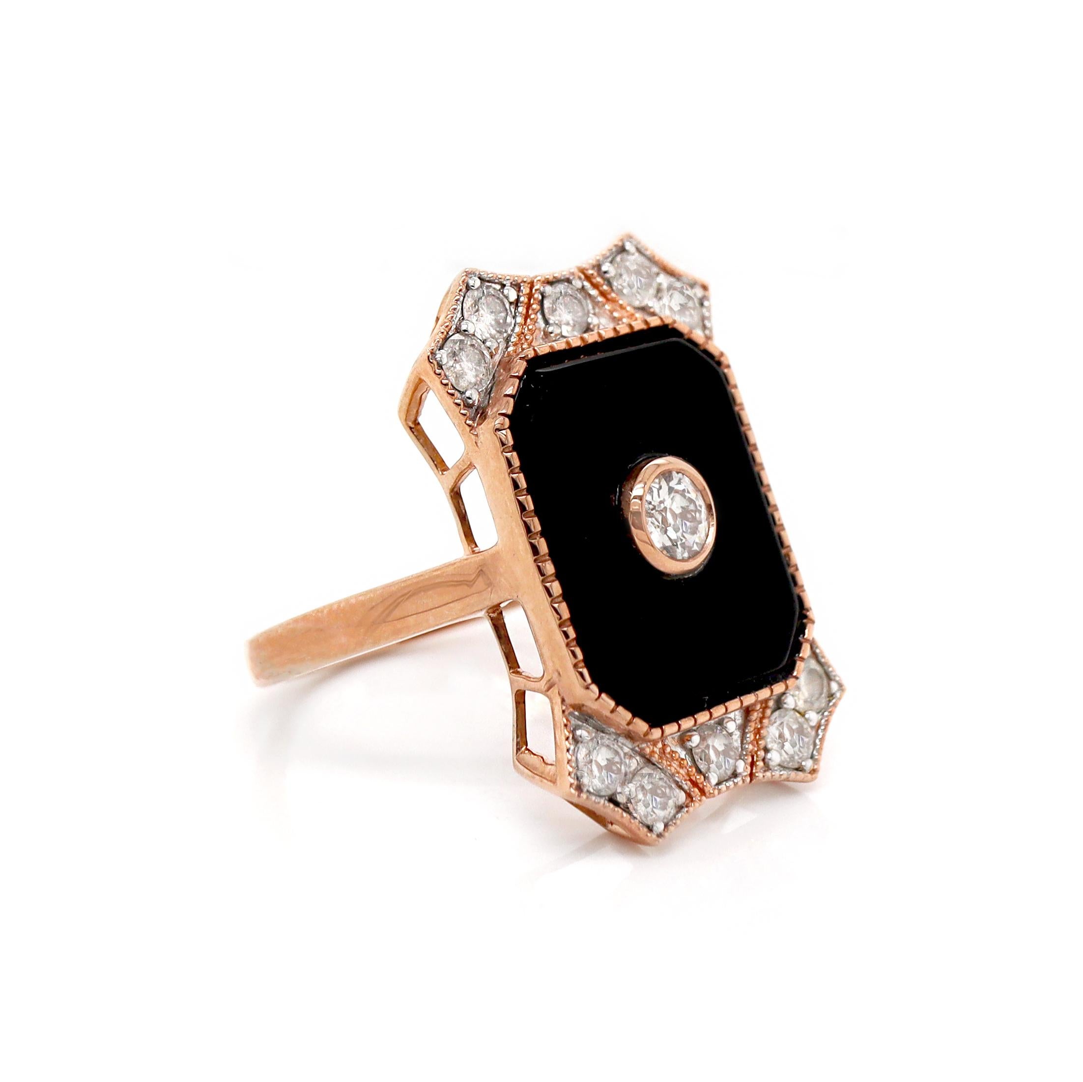 Art déco Bague cocktail en or rose 14 carats, onyx et diamants en vente