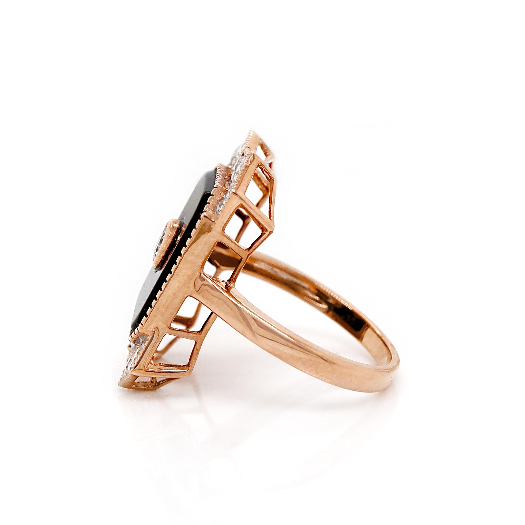 Taille ronde Bague cocktail en or rose 14 carats, onyx et diamants en vente