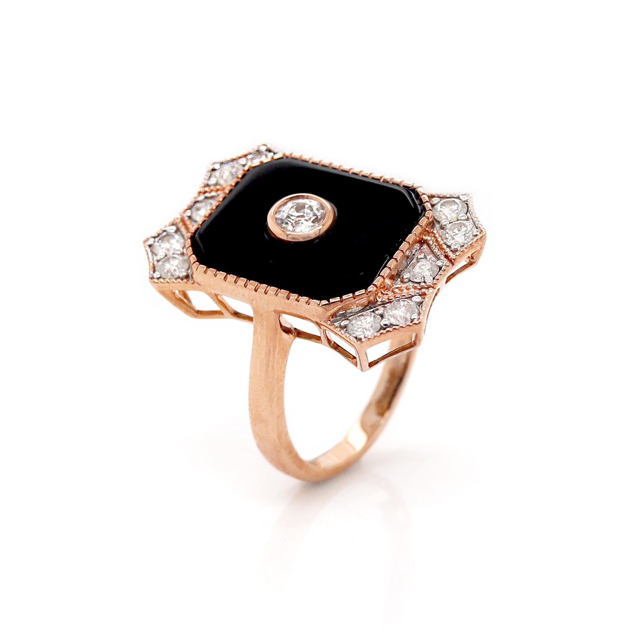 Bague cocktail en or rose 14 carats, onyx et diamants Pour femmes en vente