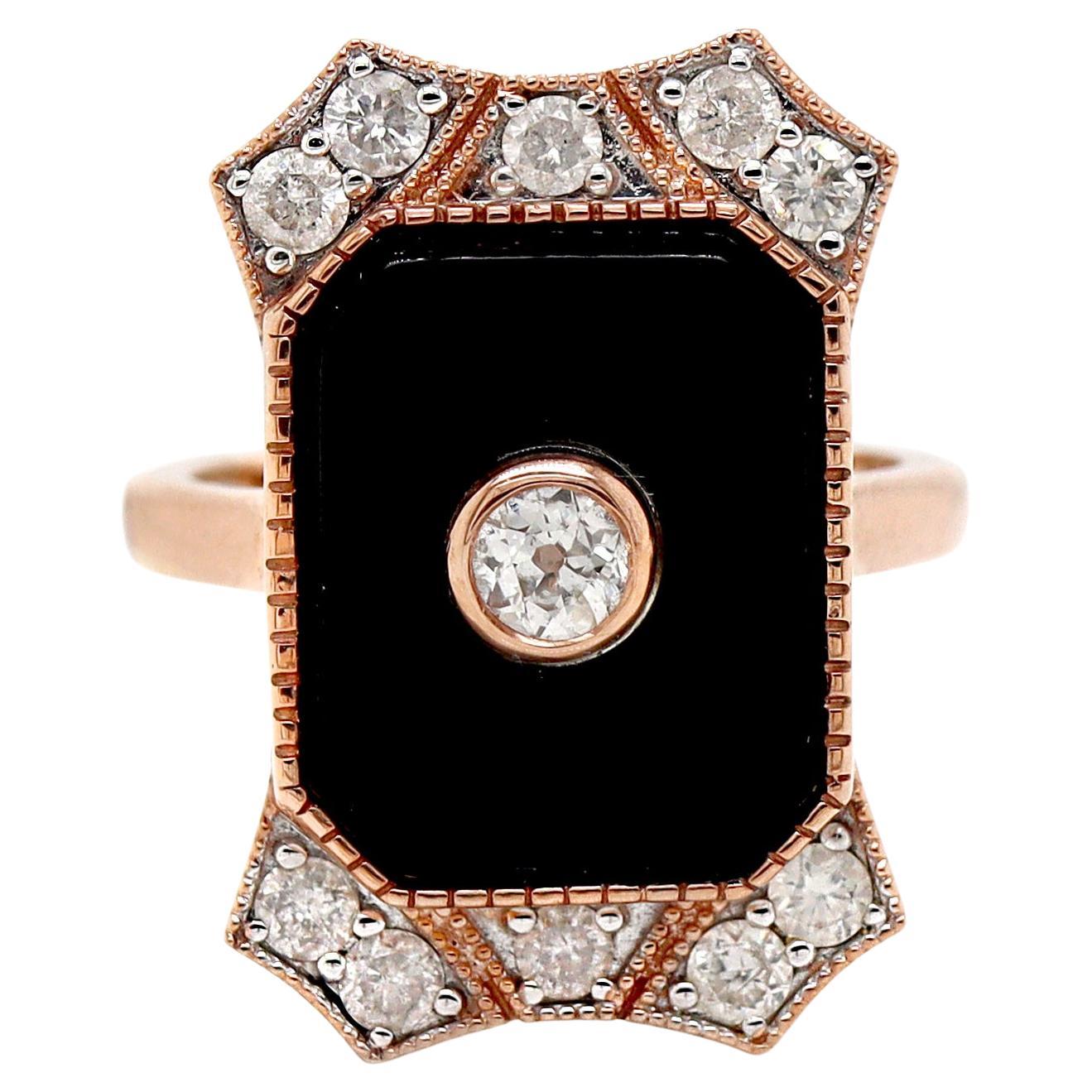 14CT Rose Gold Onyx And Diamond Cocktail Ring