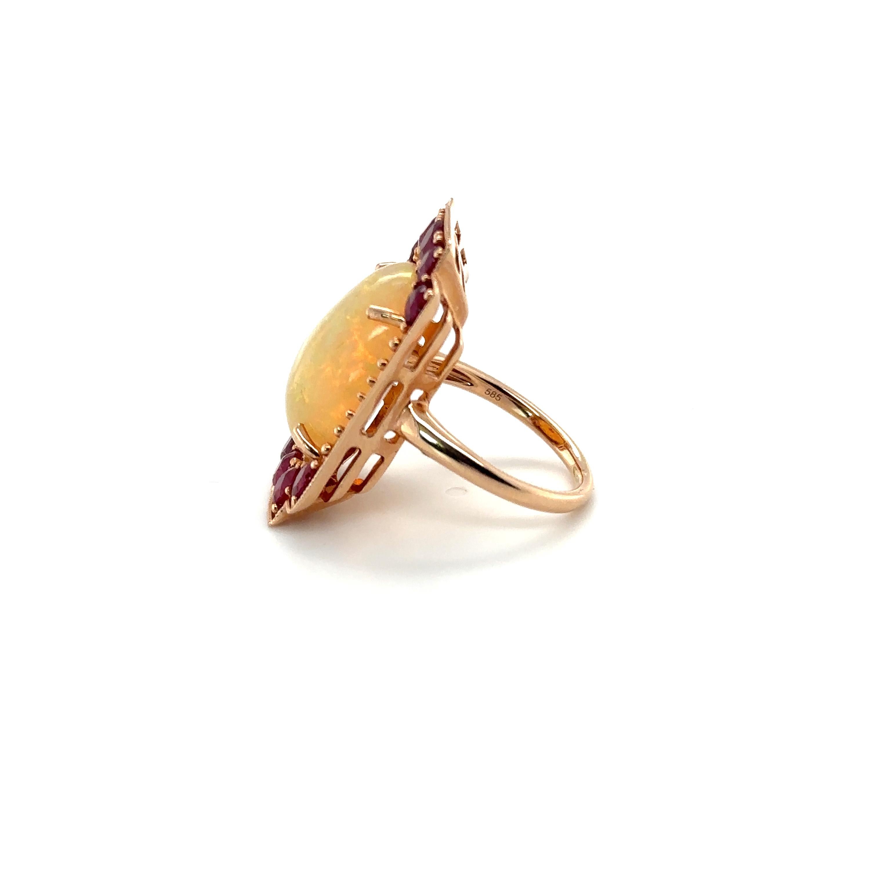 Contemporary 14ct Rose Gold Opal and Ruby dress ring For Sale
