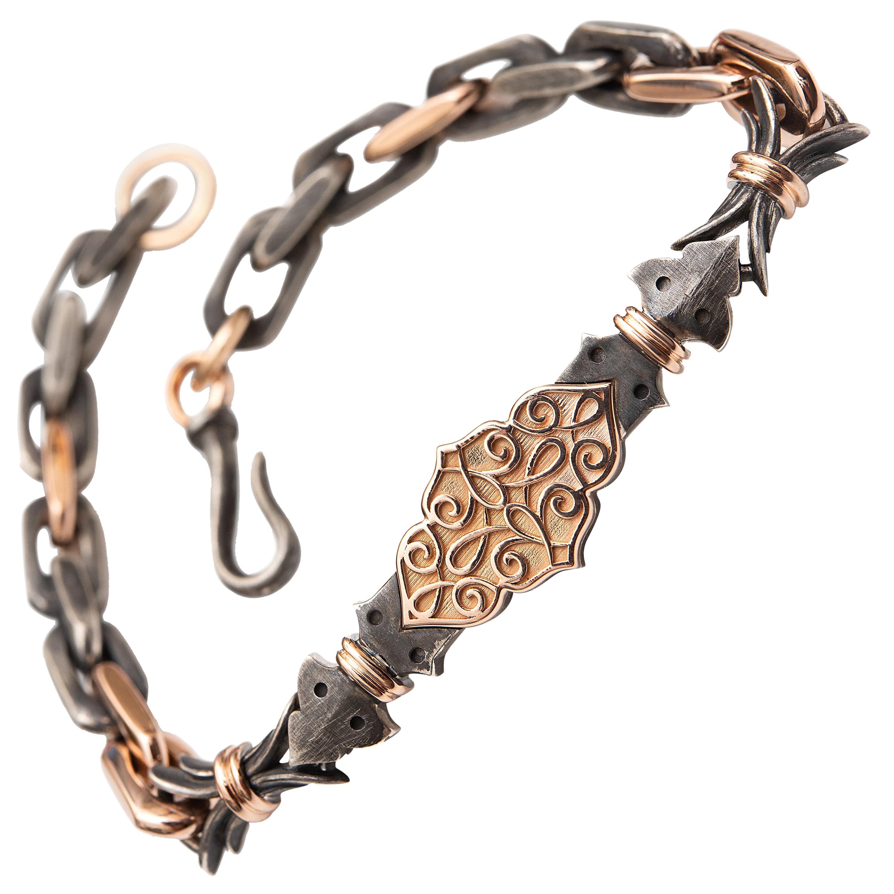 14ct Rose Gold & Oxidized Sterling Silver Filigree Link Bracelet by Harlin Jones For Sale
