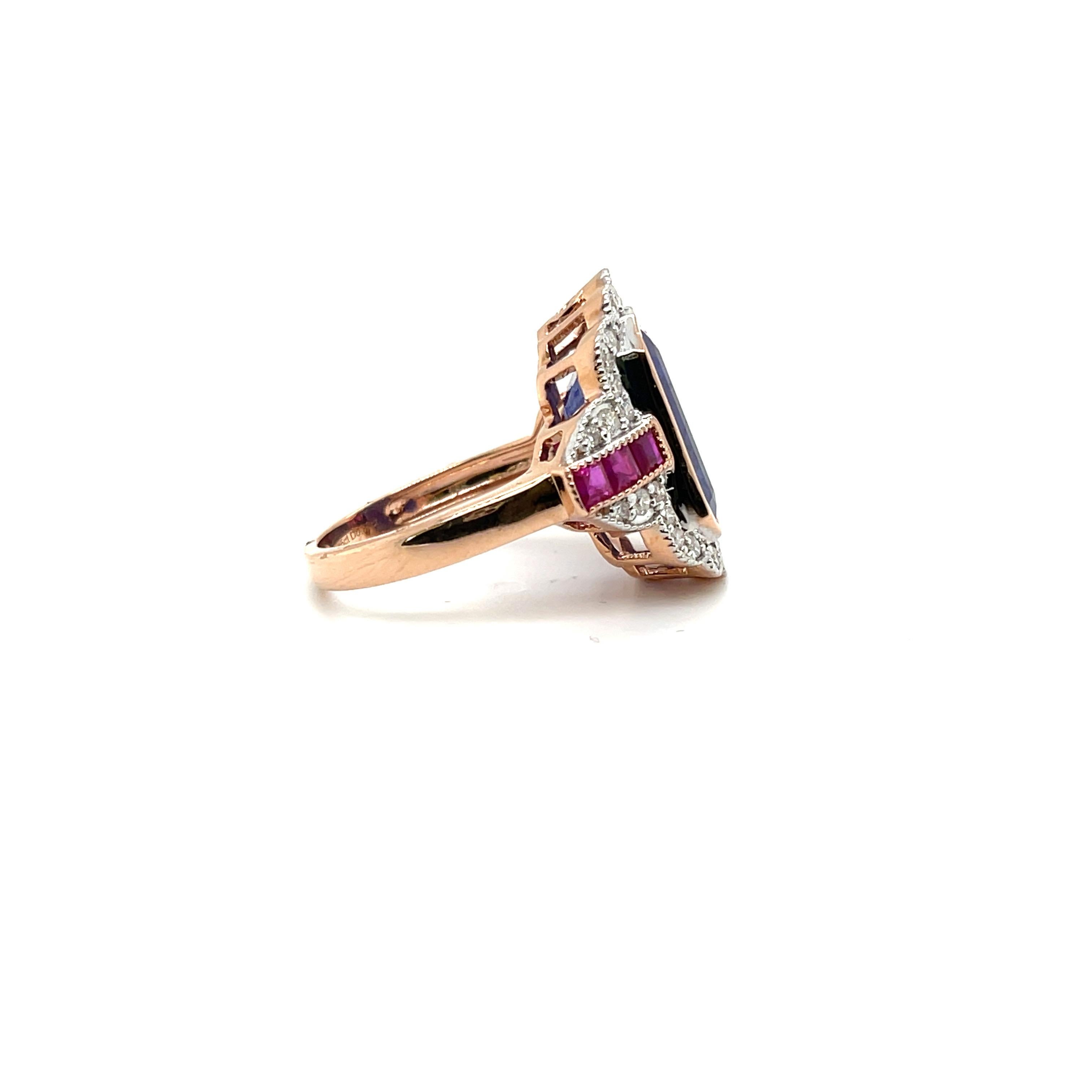 anzanite, Rubies and Diamonds, beautifully crafted in fourteen karat rose gold, complimented by a stunning polished finish design. 

 Item 1
One ladies - 14ct rose gold dress ring, narrow, low half round, tapered shank with open
back bezel setting