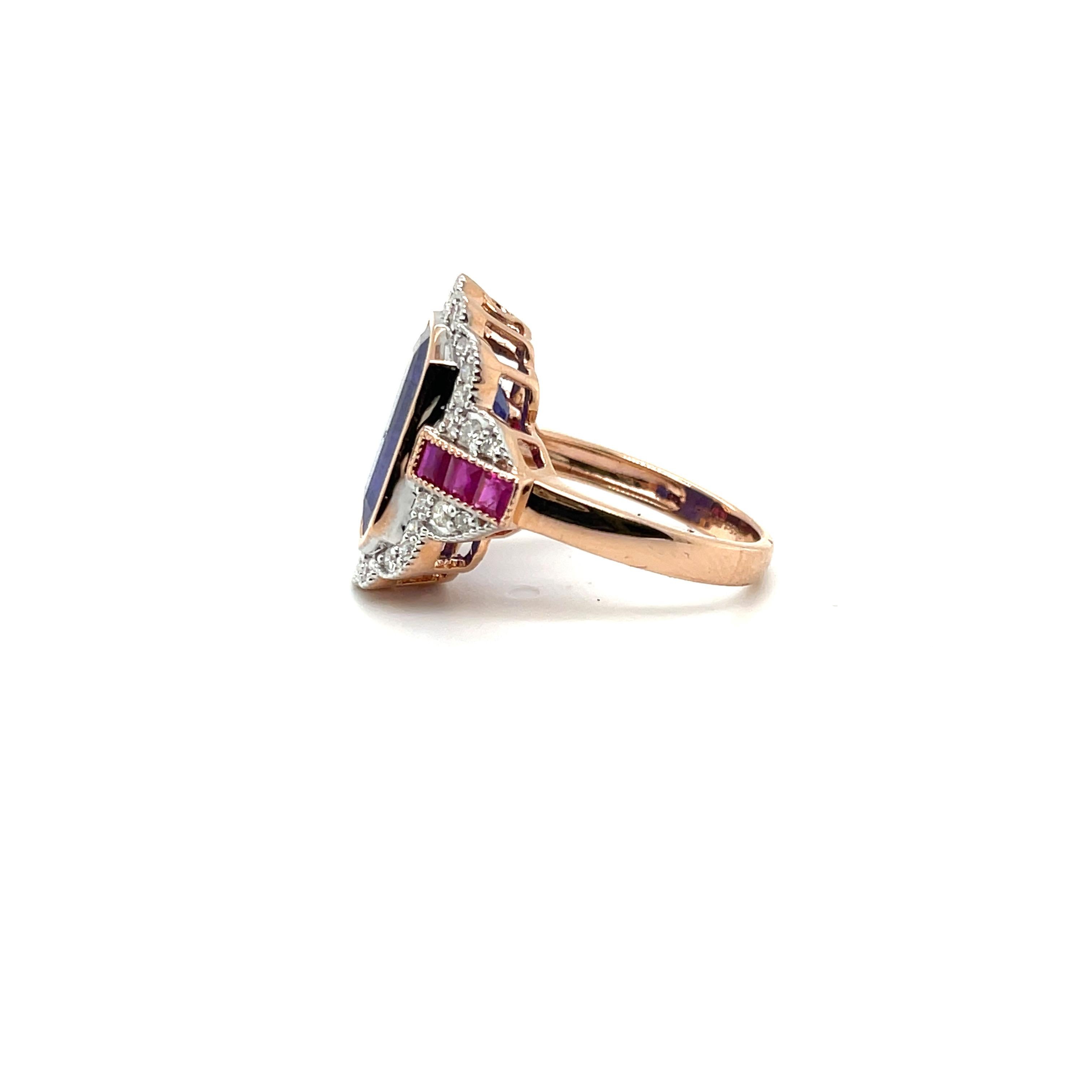 Contemporary 14ct Rose Gold Tanzanite, Ruby and Diamond Ring For Sale