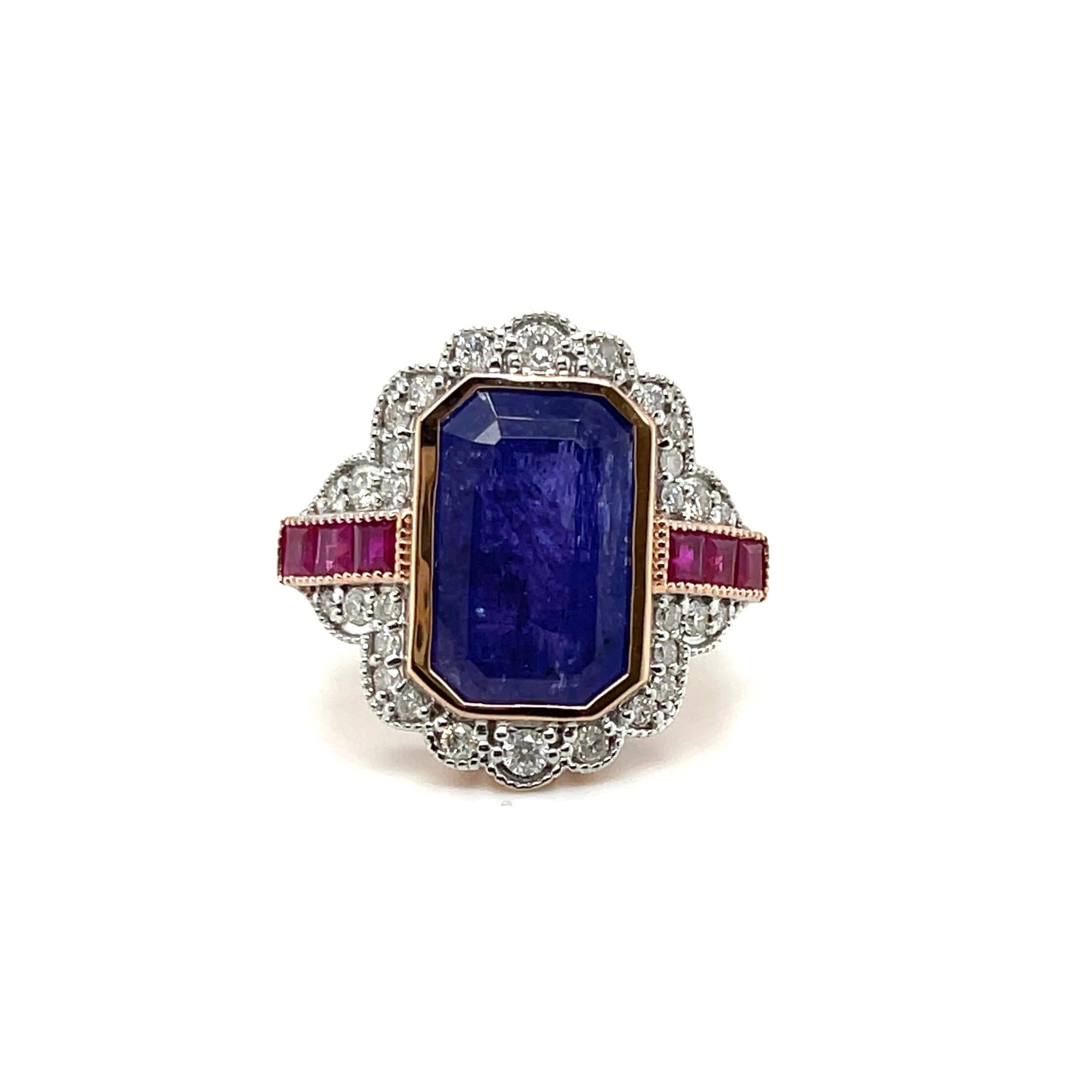 14ct Rose Gold Tanzanite, Ruby and Diamond Ring In New Condition For Sale In Sydney, NSW