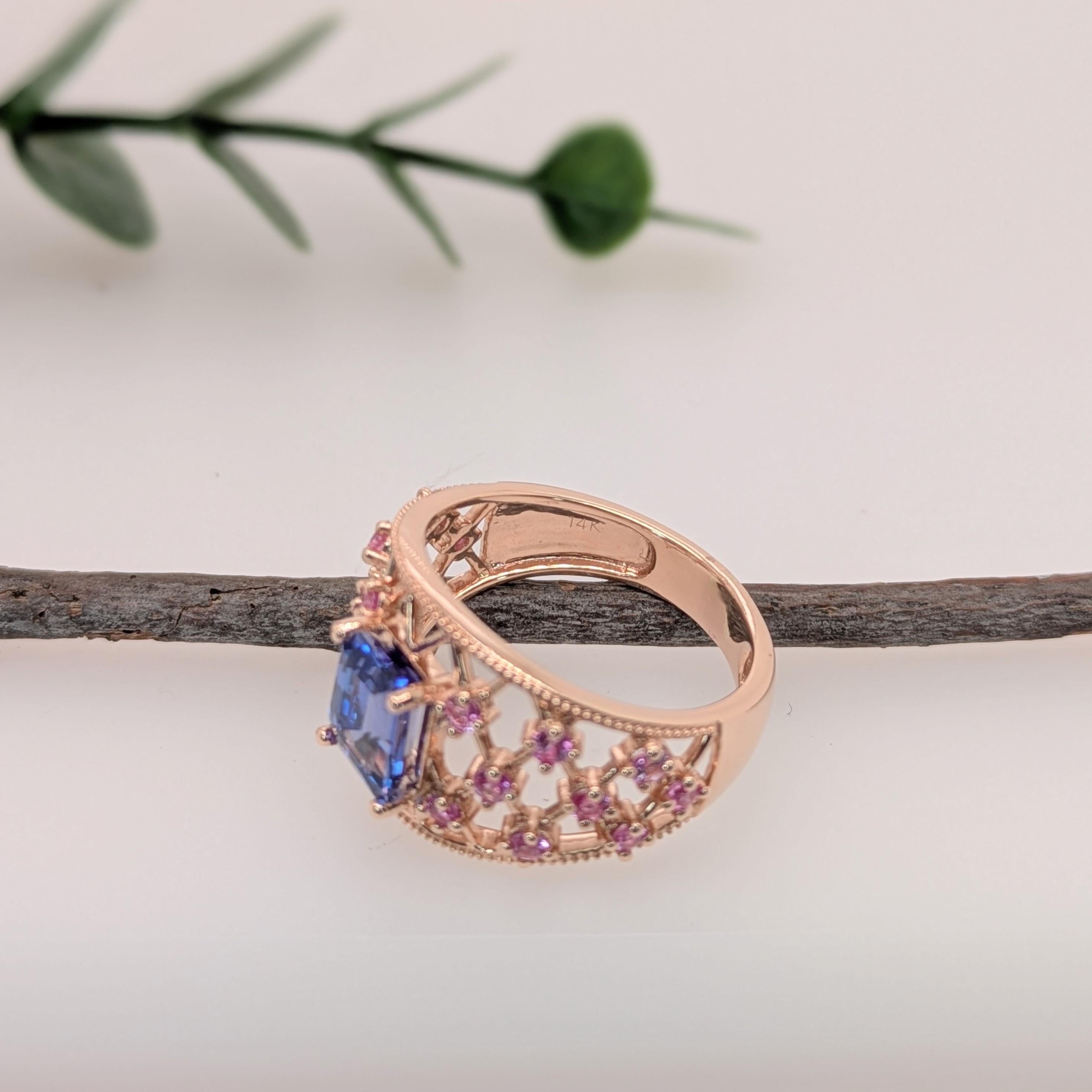 Cushion Cut 1.4ct Statement Tanzanite Ring w Pink Sapphire Accents in Solid 14K Yellow Gold For Sale
