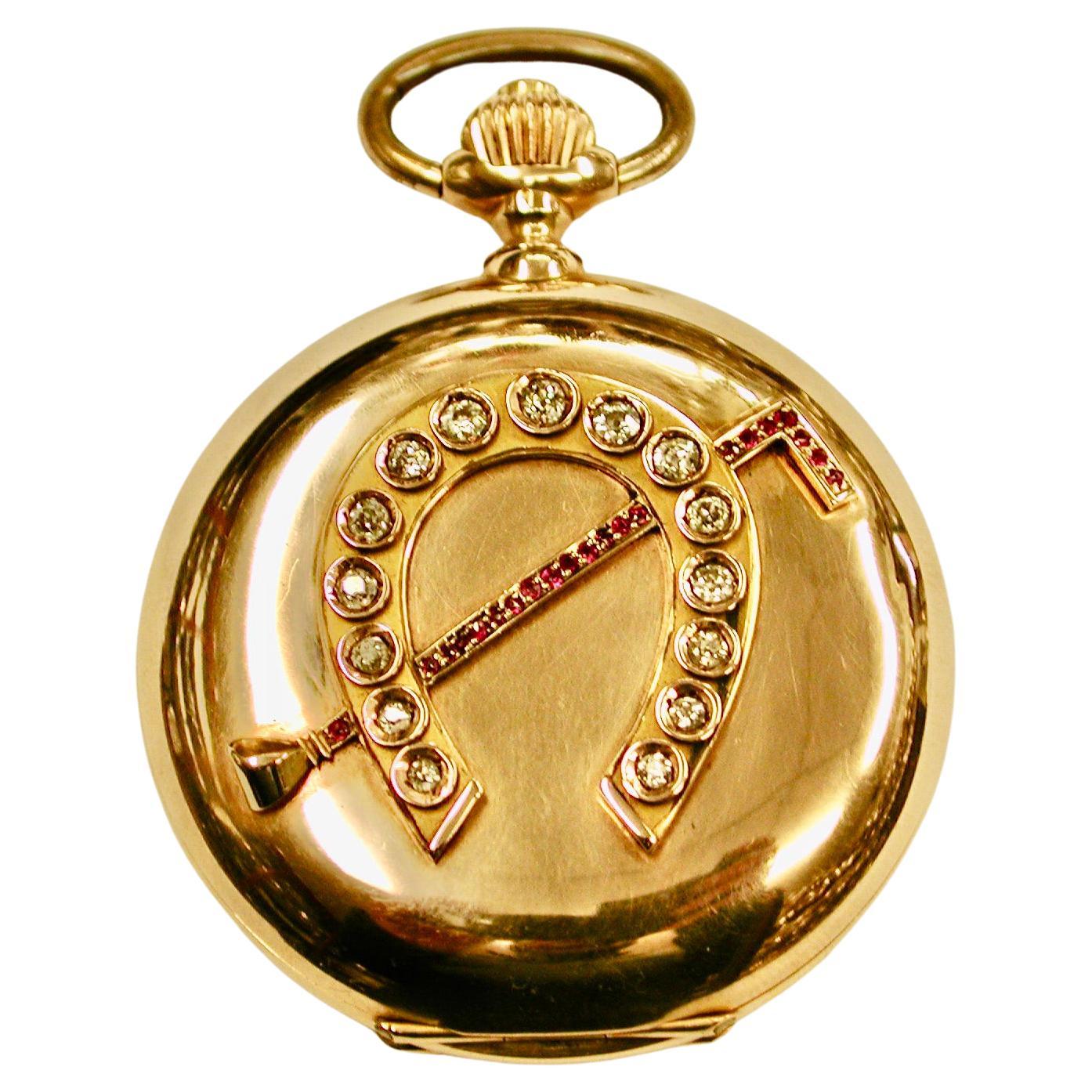 14ct Swiss Gold Hunter Watch, Whip & Horseshoe, Diamonds and Rubies, c1890
