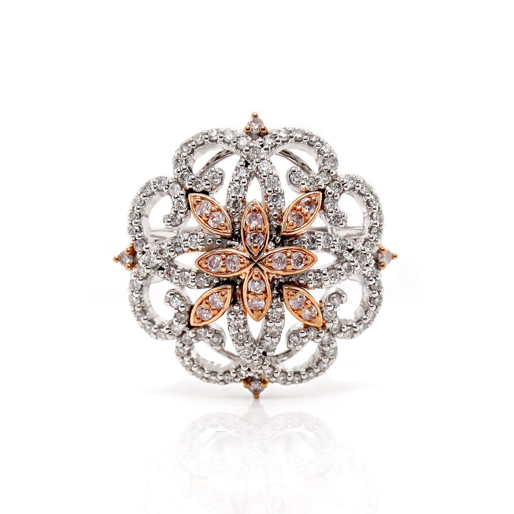 da uomo o donna Anello da abito in stile antico con diamanti rosa e bianchi in oro bianco e rosa 14CT in vendita