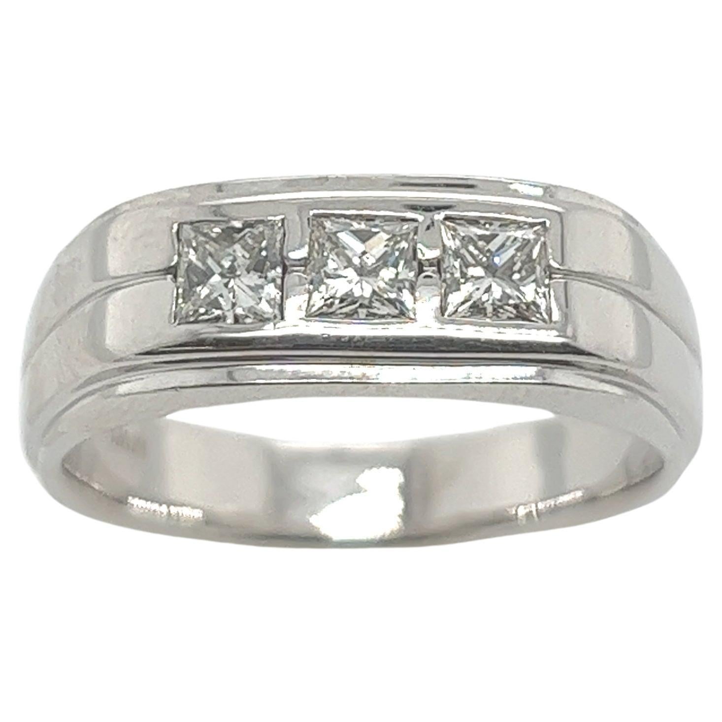 14ct White Gold 3-Sone Diamond Gents Ring, Set with 0.90ct of Square Diamonds