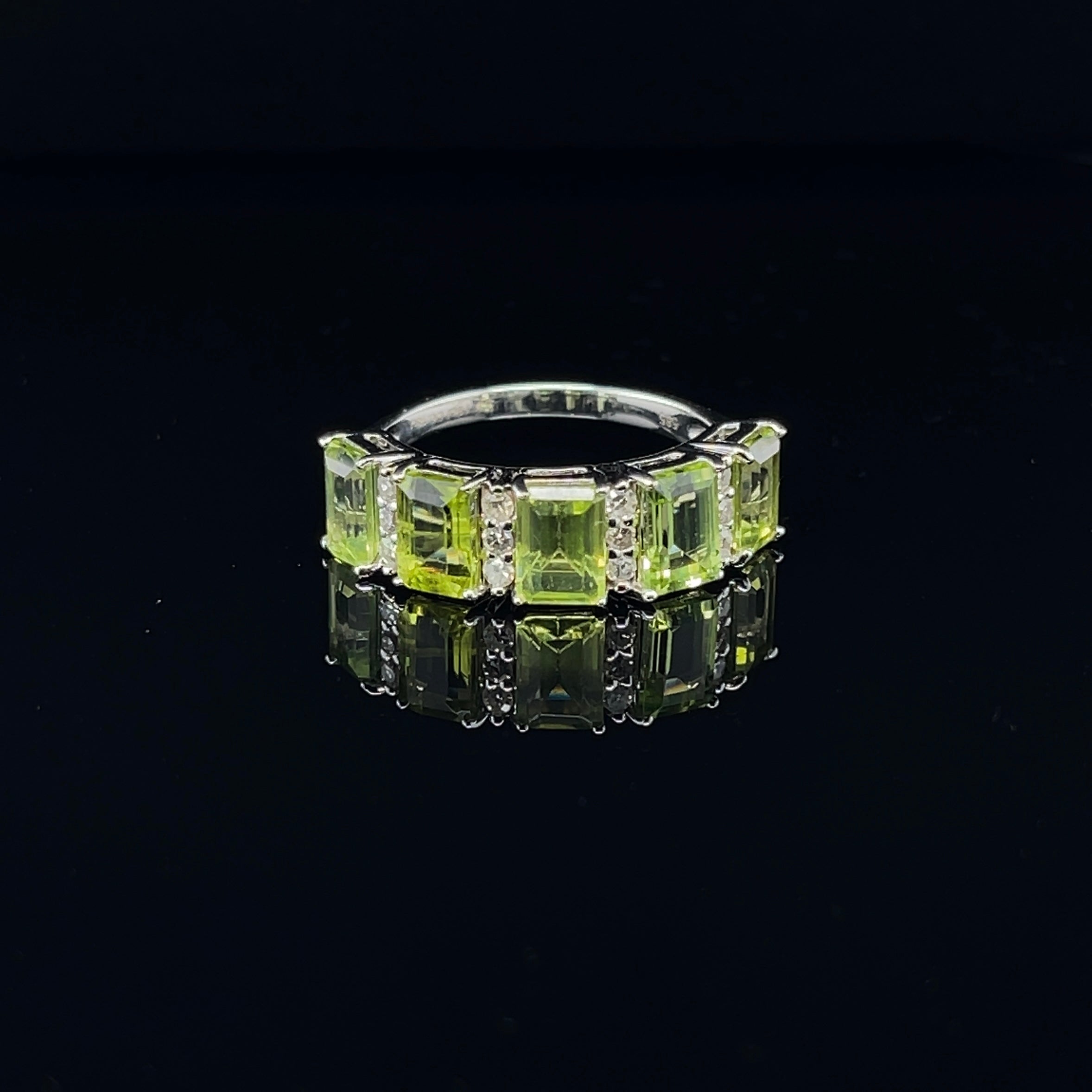For Sale:  14ct White Gold 5 Stone Peridot and Diamond Ring 7