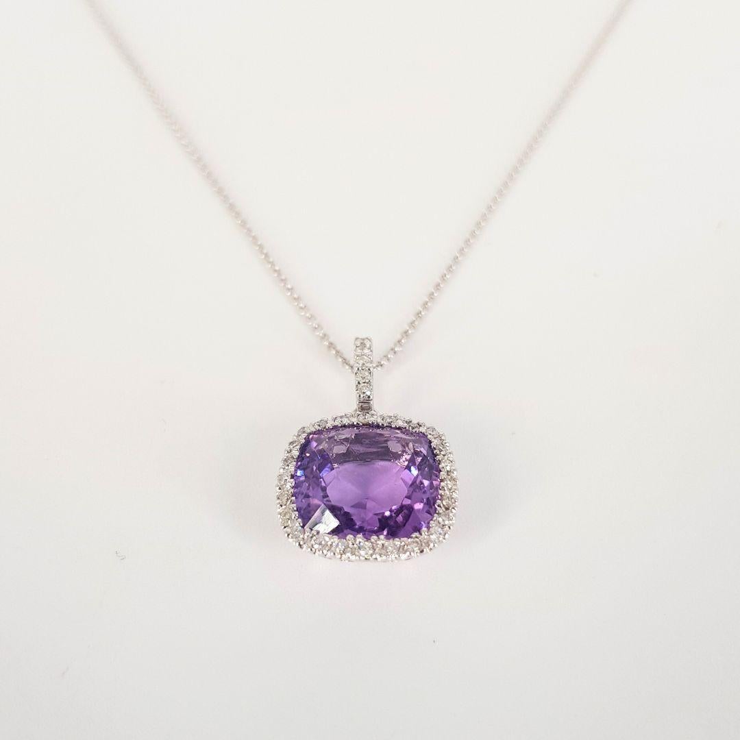 Cushion Cut 14ct White Gold Amethyst And Diamond Necklace For Sale