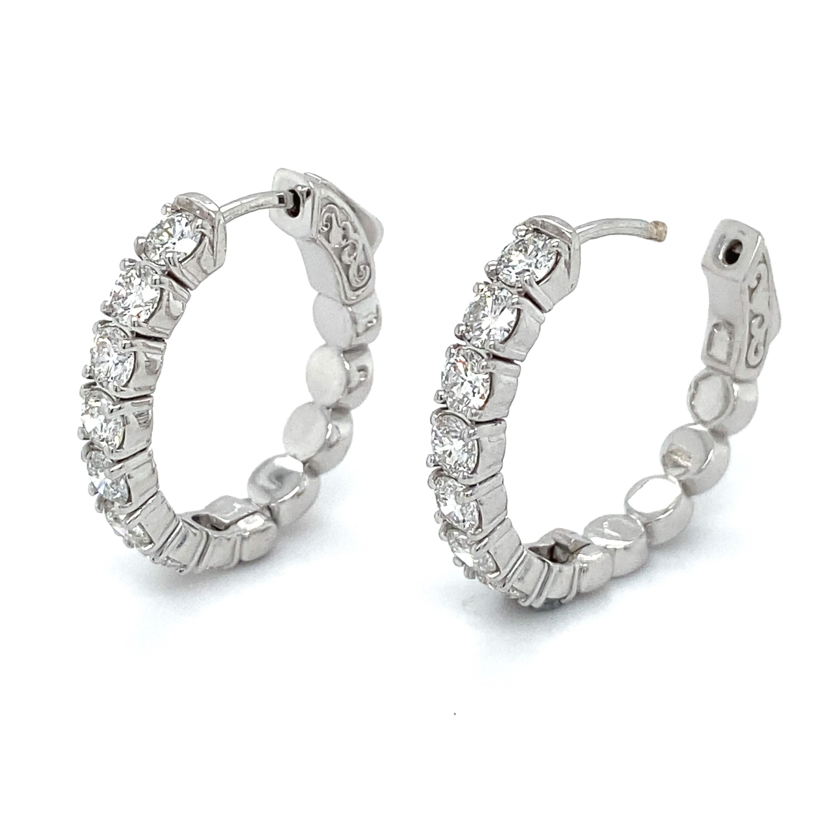 Round Cut 14ct White Gold and Diamond Hoop Earrings For Sale