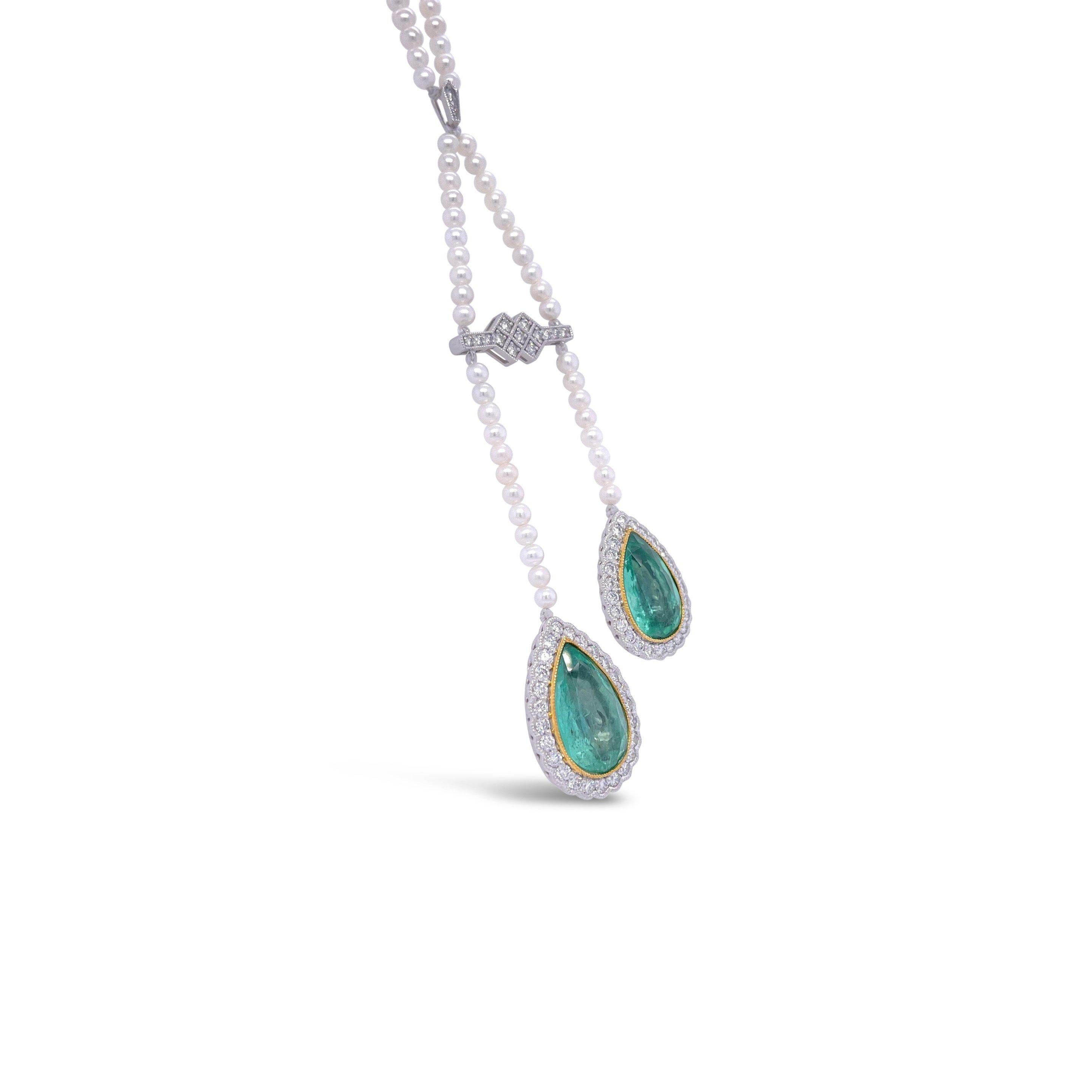 Halskette aus Weißgold und Platin mit Smaragd, Perle und Diamant, 14 Karat (Viktorianisch) im Angebot