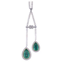 14CT White Gold and Platinum Emerald, Pearl and Diamond Necklace
