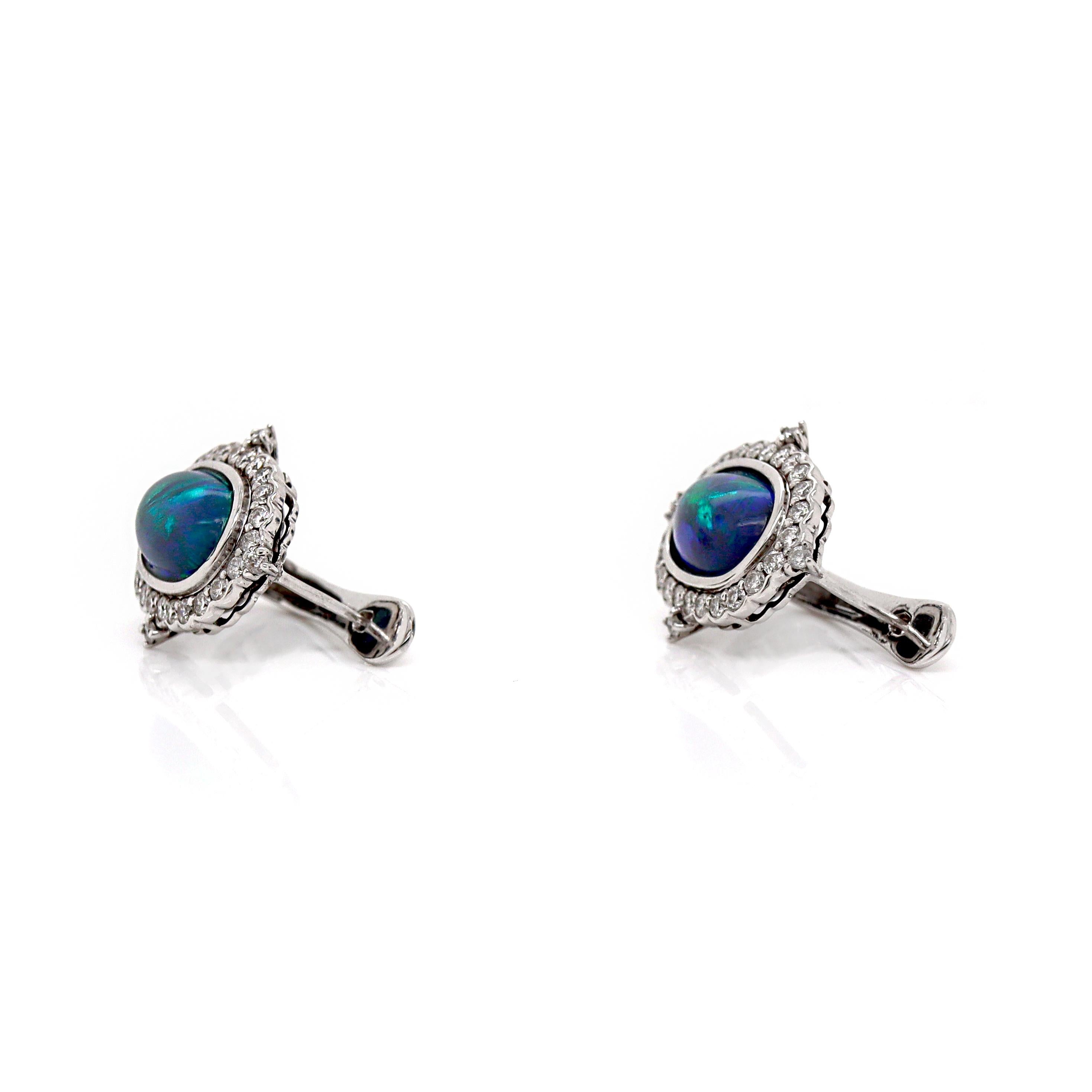 Cabochon 14CT White Gold Australian Opal And Diamond Earrings For Sale
