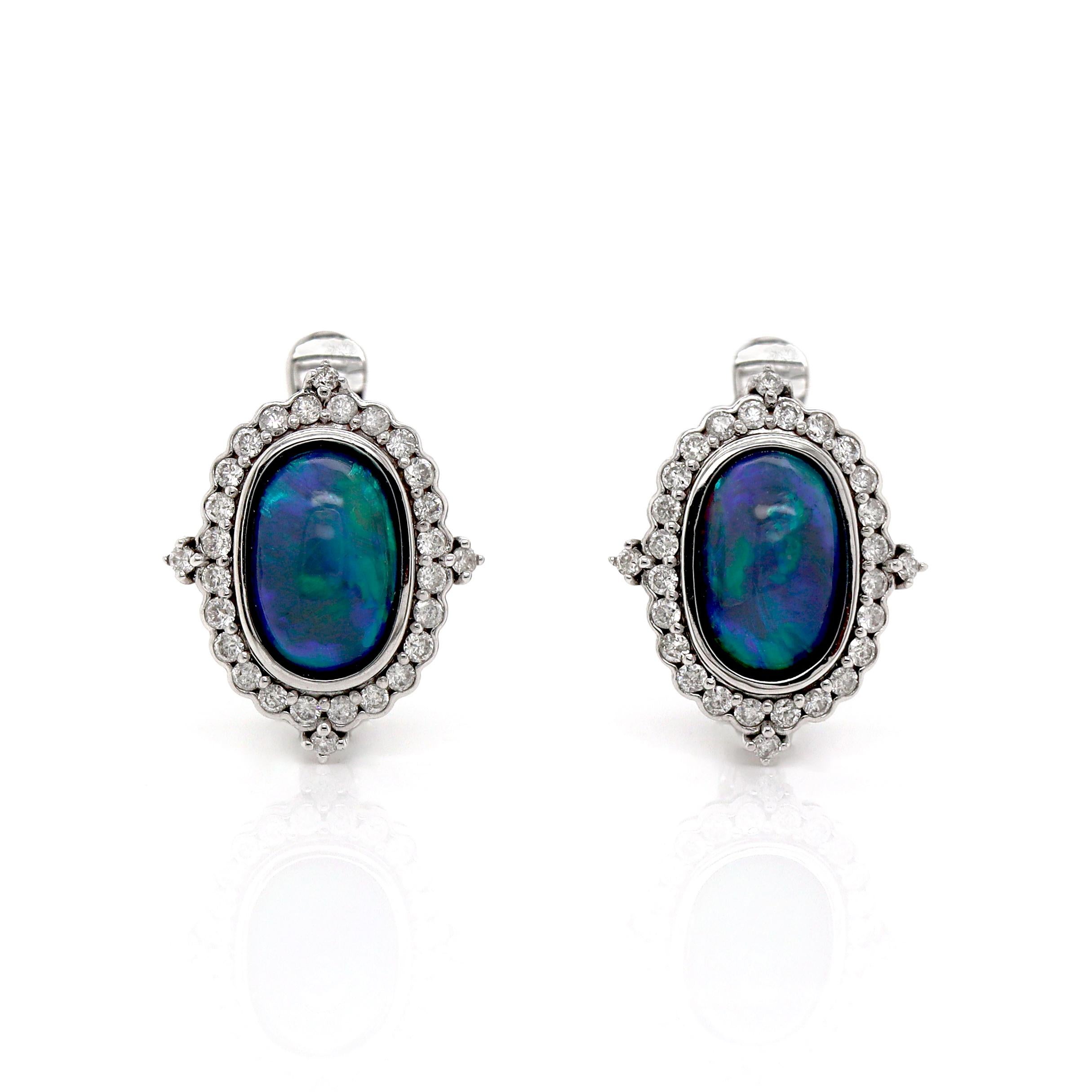 14CT White Gold Australian Opal And Diamond Earrings In New Condition For Sale In Sydney, NSW
