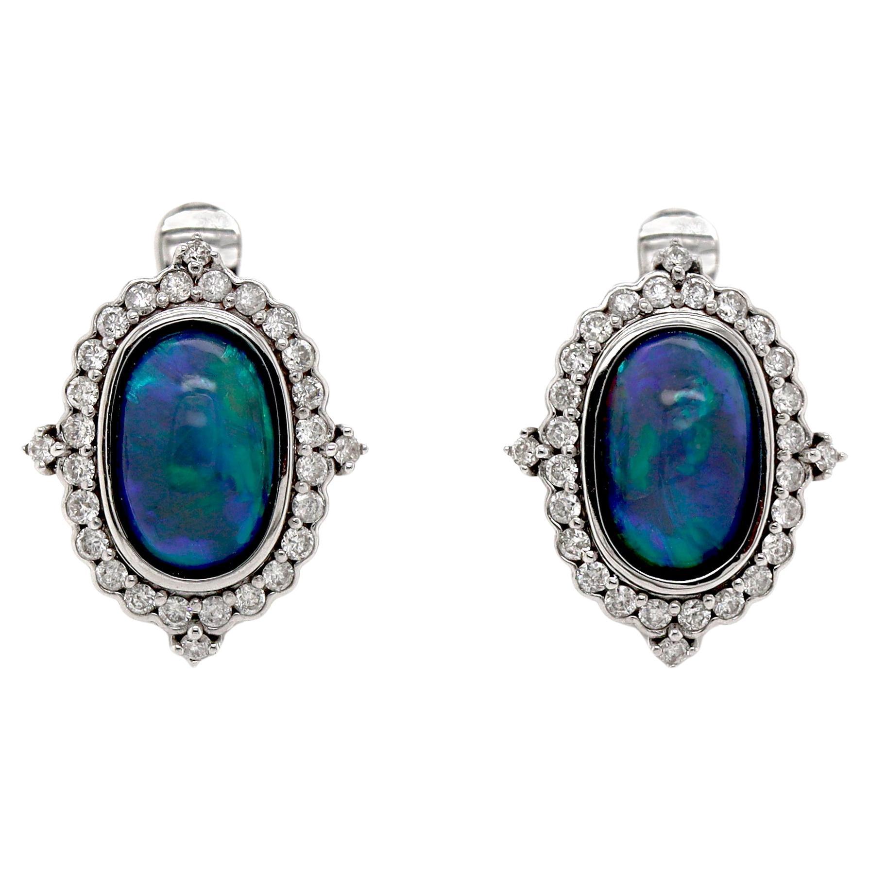 14CT White Gold Australian Opal And Diamond Earrings