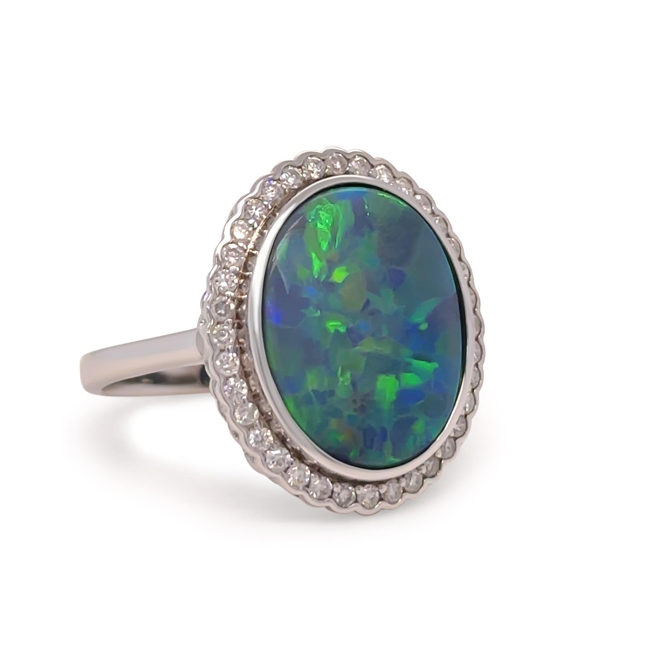 Cabochon 14ct White Gold Black Opal and Diamond Dress Ring 5.34ct For Sale
