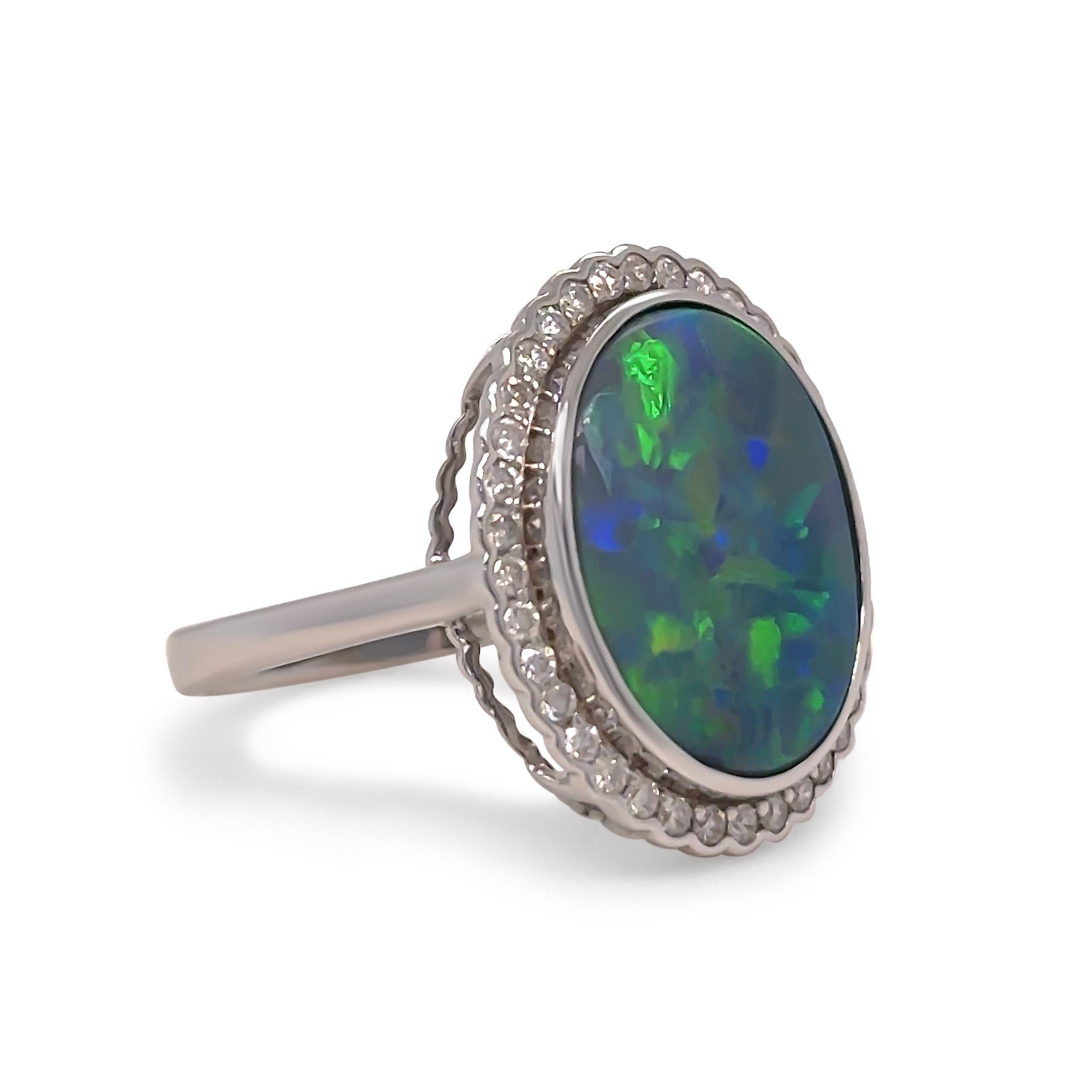 14ct White Gold Black Opal and Diamond Dress Ring 5.34ct In Excellent Condition For Sale In SYDNEY, NSW