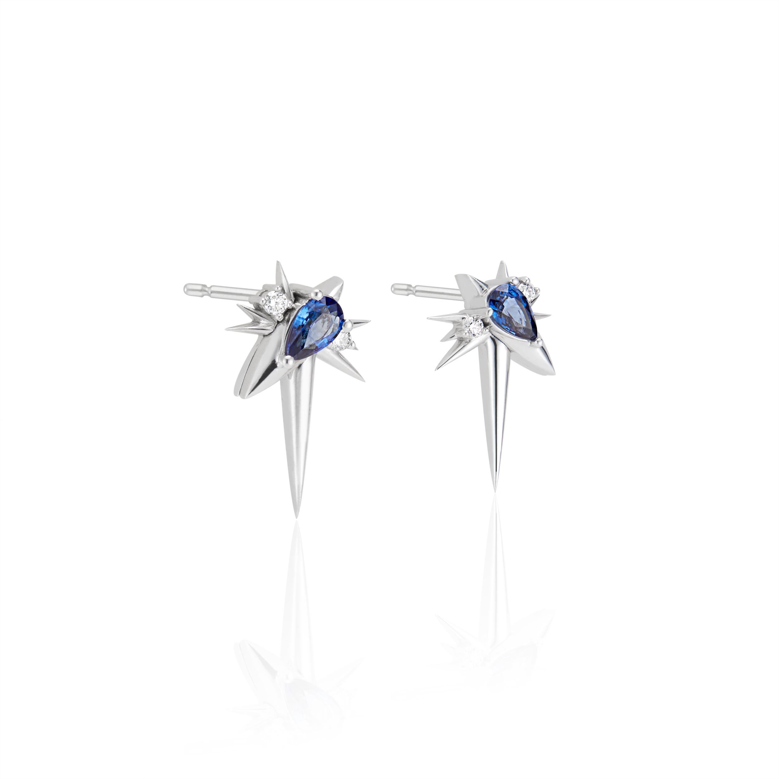 Modern 14ct White Gold Blue Sapphire & Diamond Spike Earrings For Sale