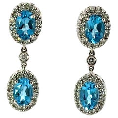 14ct White Gold Blue Topaz & Diamond Halo Drop Earrings